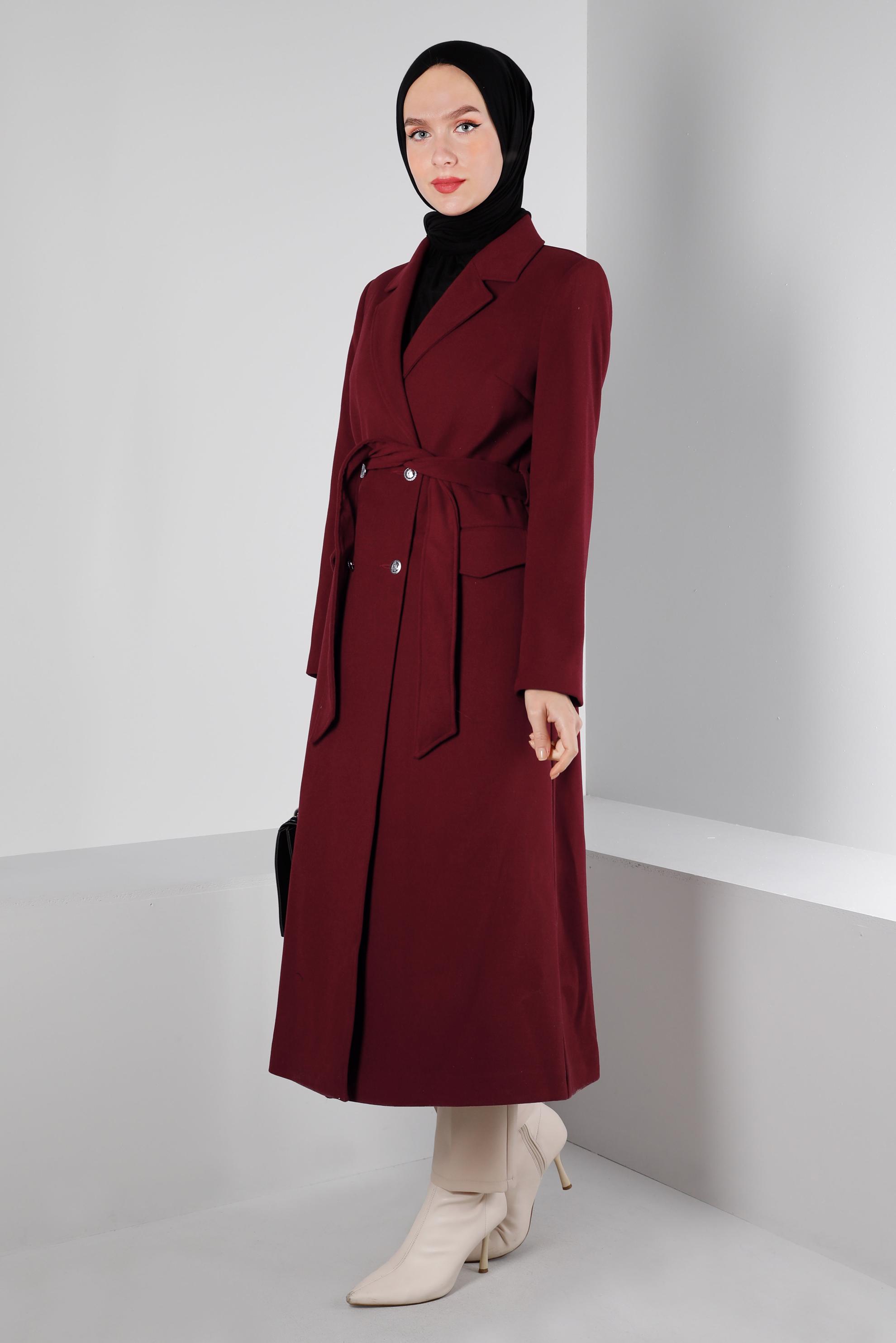 Tesettür giyim BORDO DÜĞMELİ KUŞAKLI KABAN 90340	