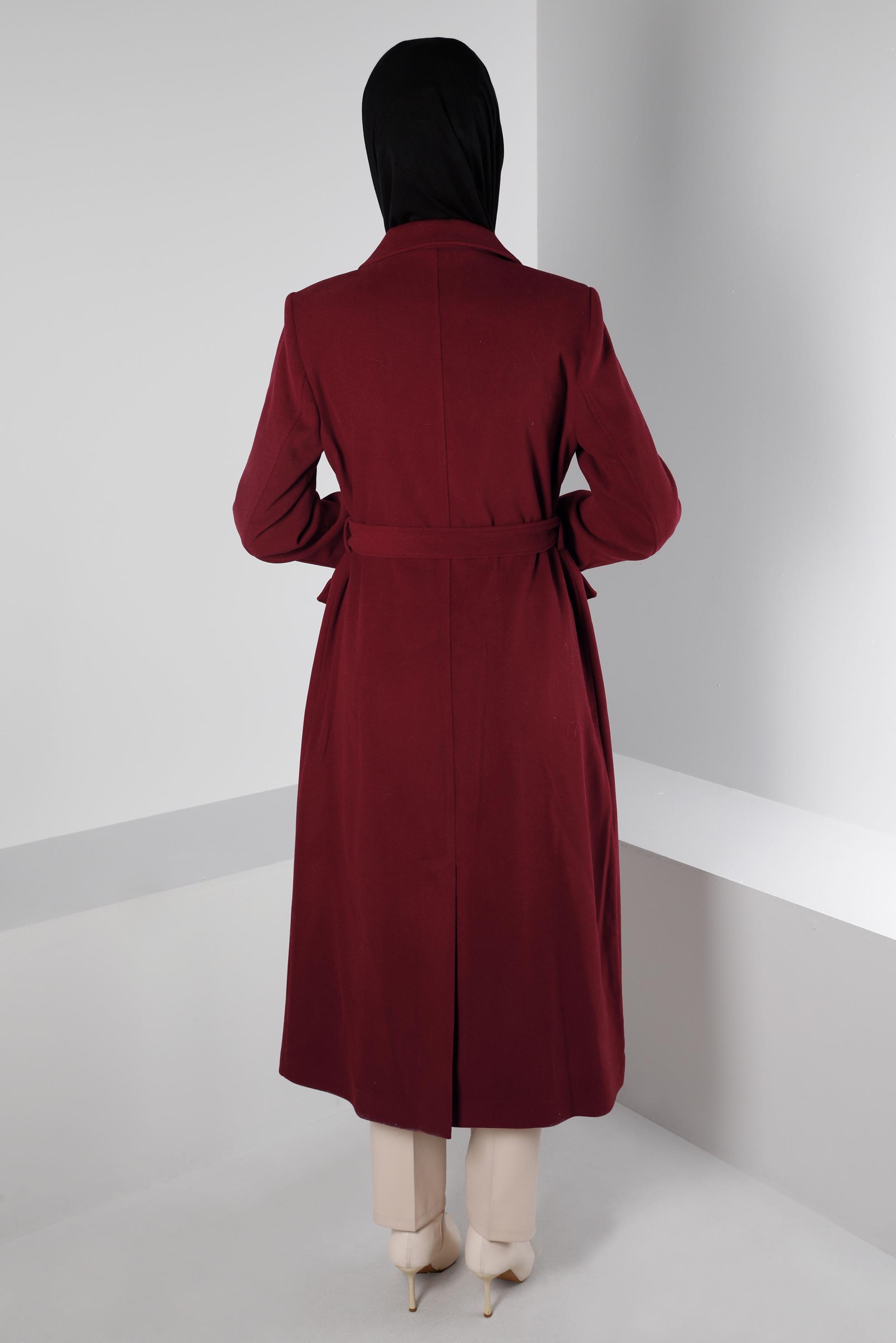 Tesettür giyim BORDO DÜĞMELİ KUŞAKLI KABAN 90340	