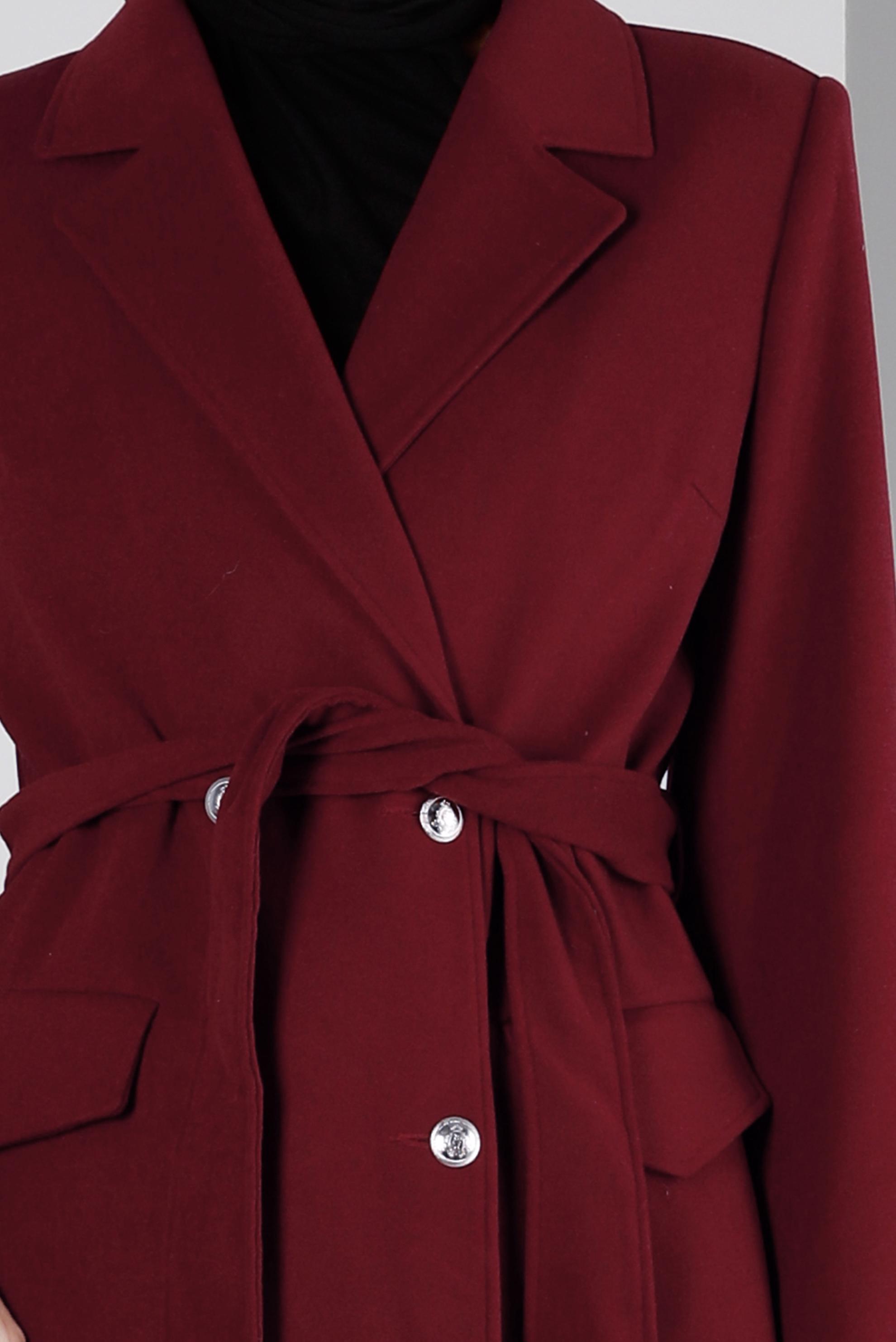 Tesettür giyim BORDO DÜĞMELİ KUŞAKLI KABAN 90340	