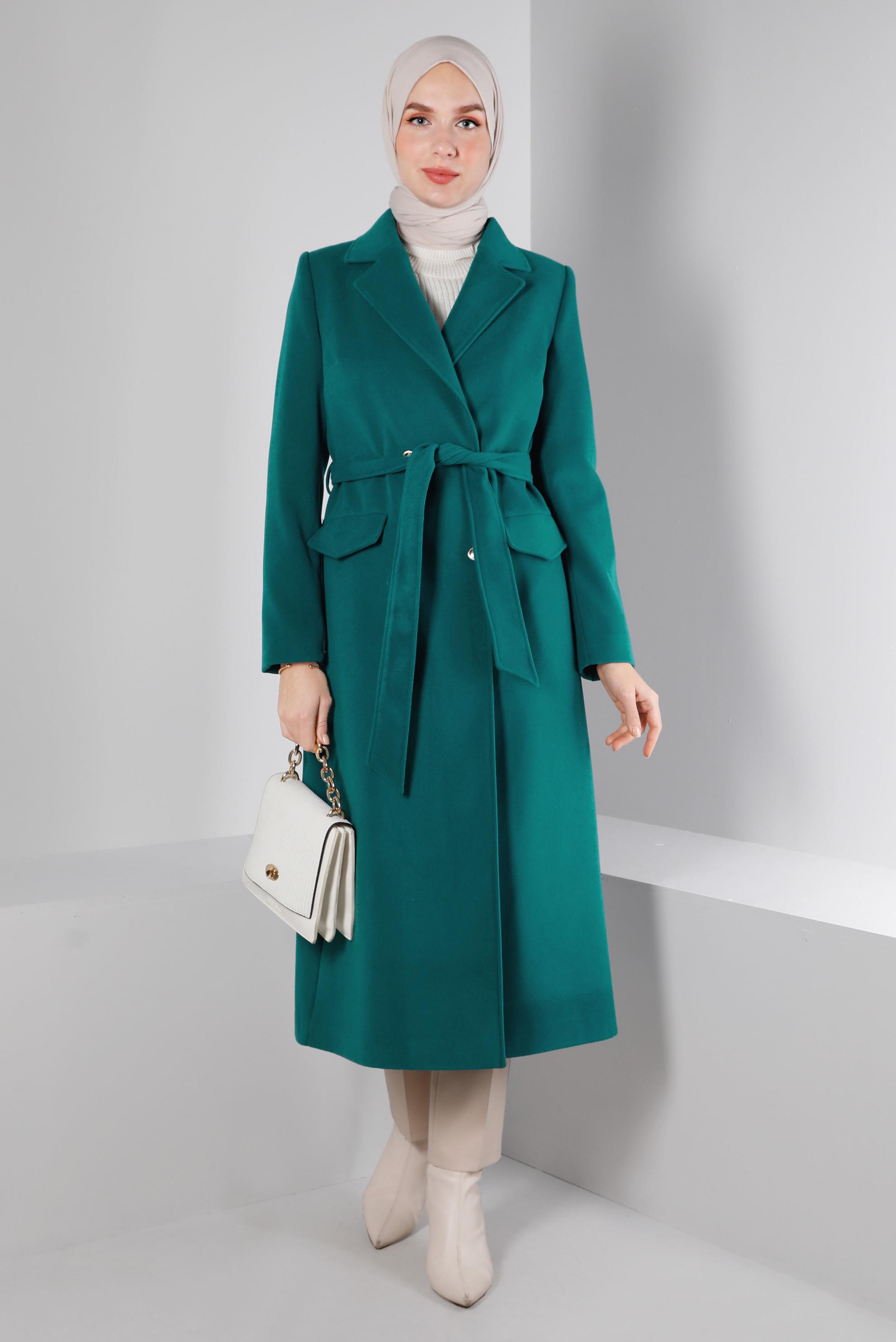 Tesettür giyim MAVİ DÜĞMELİ KUŞAKLI KABAN 90340	