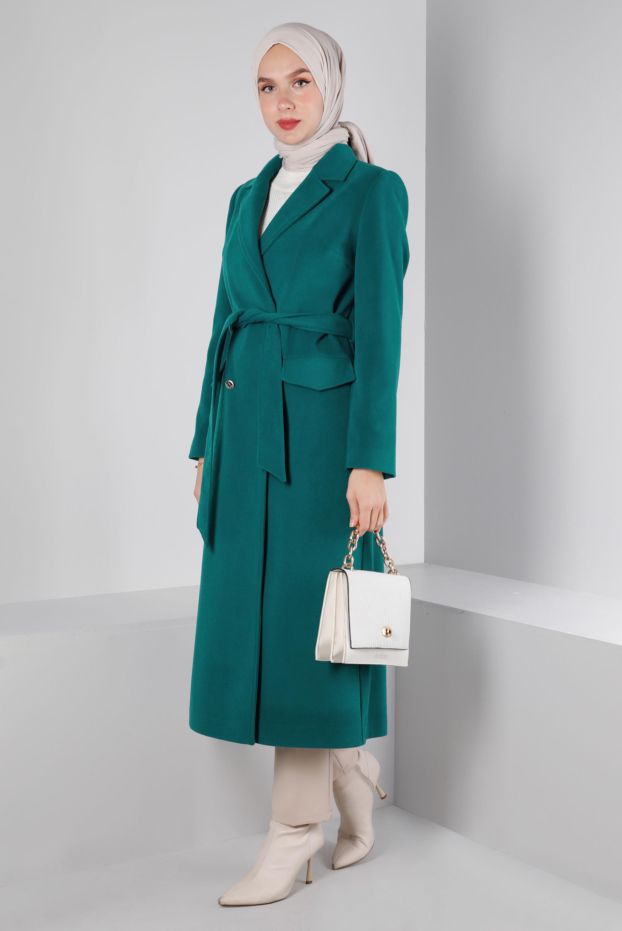 Tesettür giyim MAVİ DÜĞMELİ KUŞAKLI KABAN 90340	