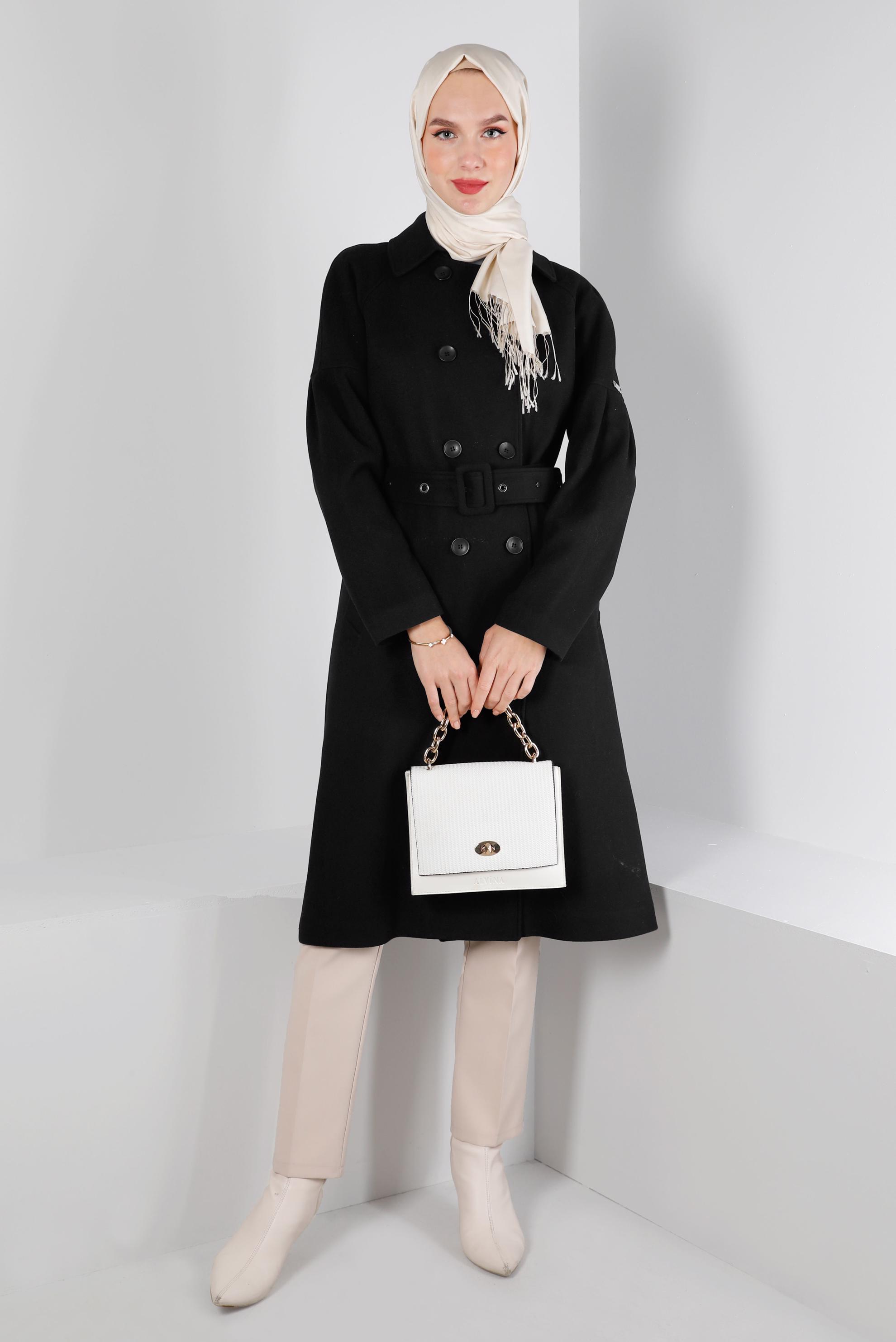 Tesettür giyim SİYAH KEMERLİ DÜĞMELİ KABAN 90344