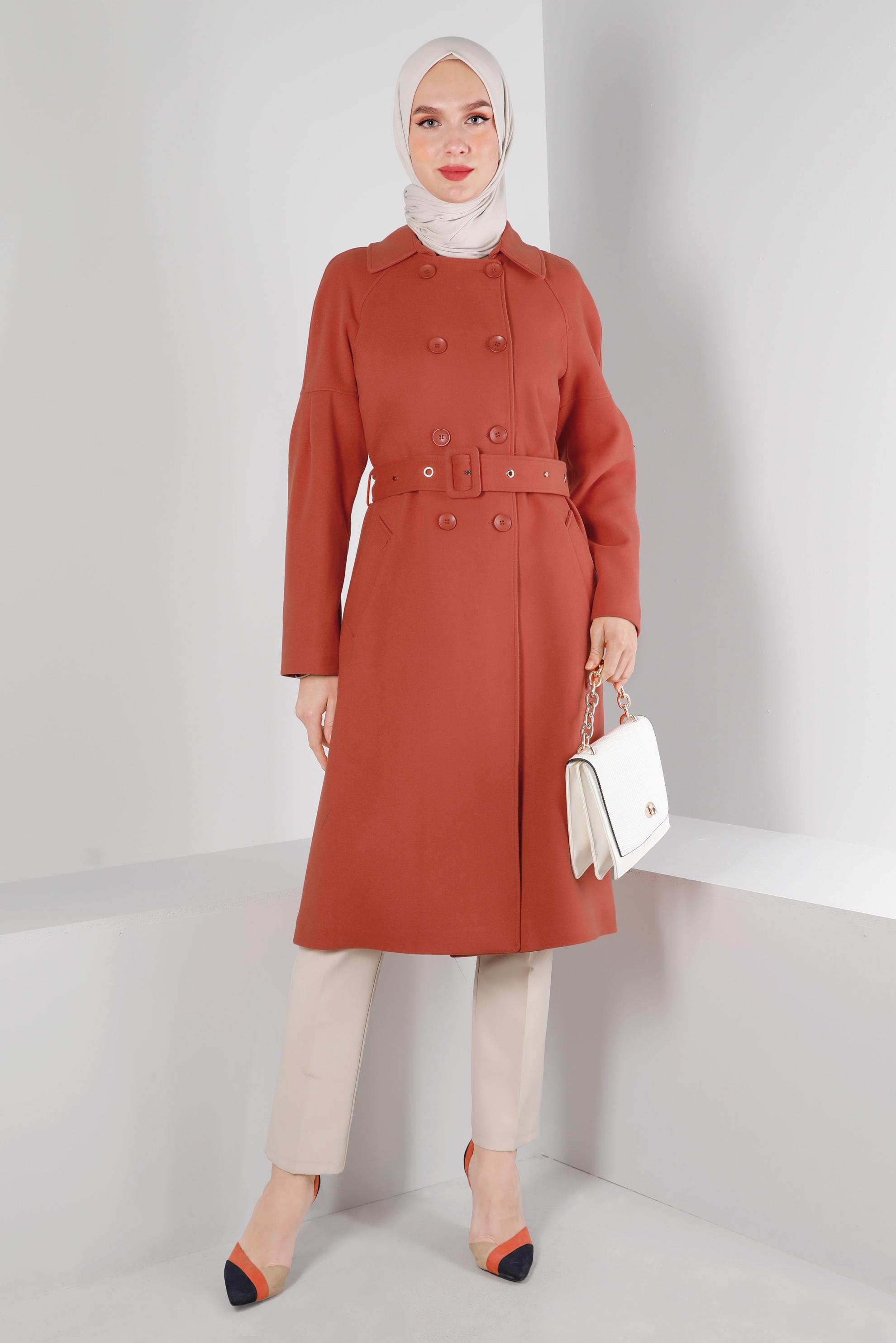 Tesettür giyim TURUNCU KEMERLİ DÜĞMELİ KABAN 90344