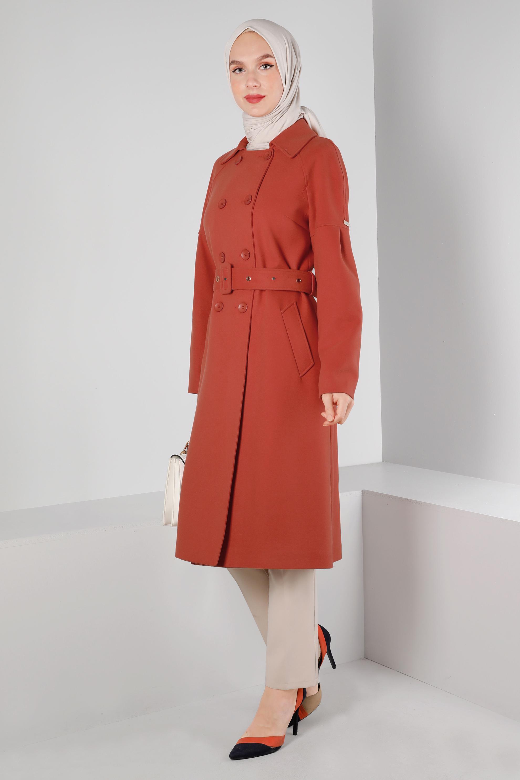 Tesettür giyim TURUNCU KEMERLİ DÜĞMELİ KABAN 90344