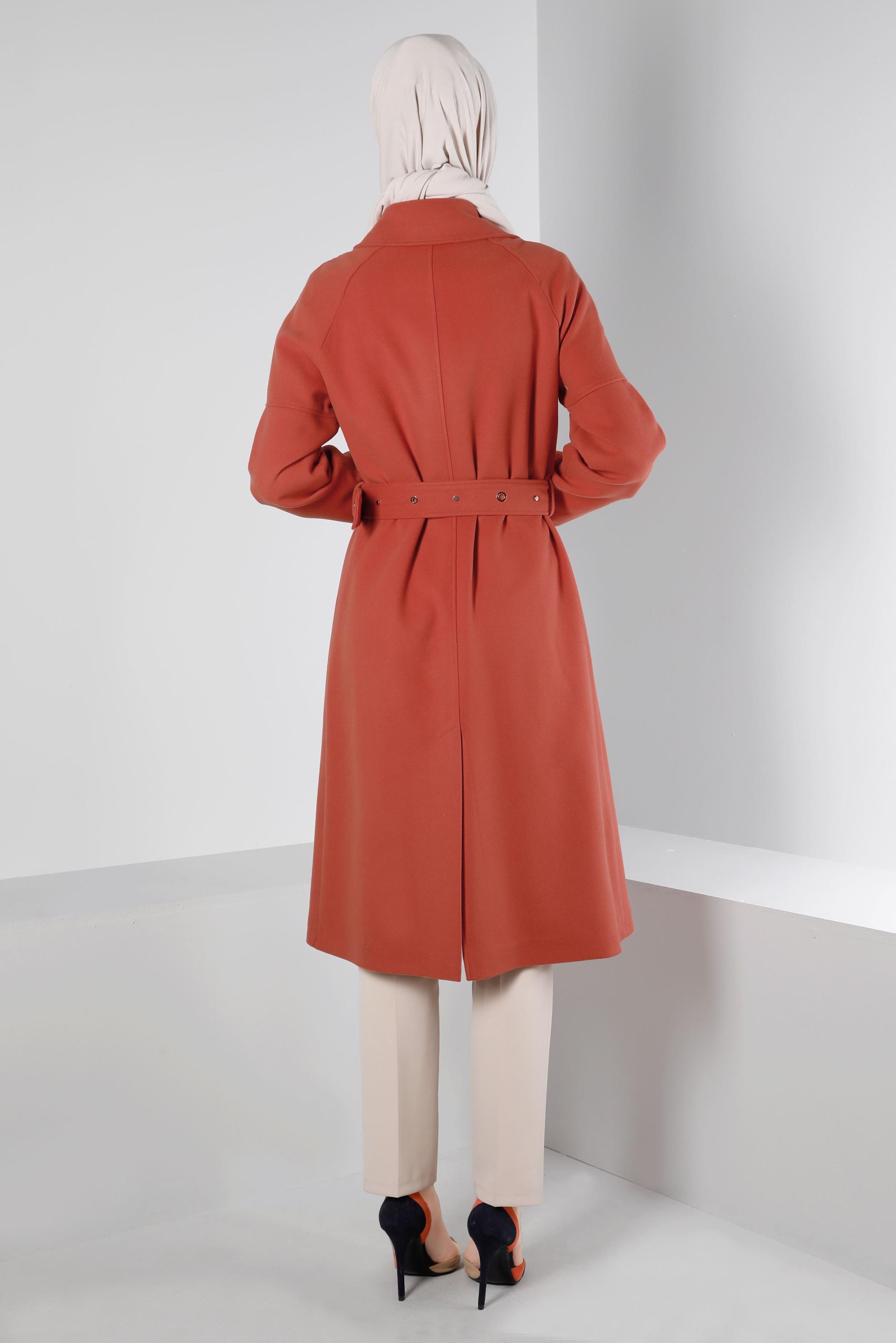 Tesettür giyim TURUNCU KEMERLİ DÜĞMELİ KABAN 90344