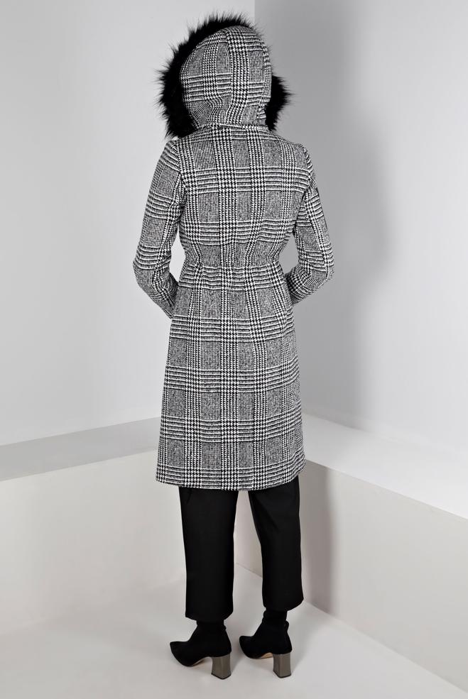 Vêtements hijab NOIR MANTEAU PIED-DE-POULE À CAPUCHE FOURRURE 90347 - ALVİNA