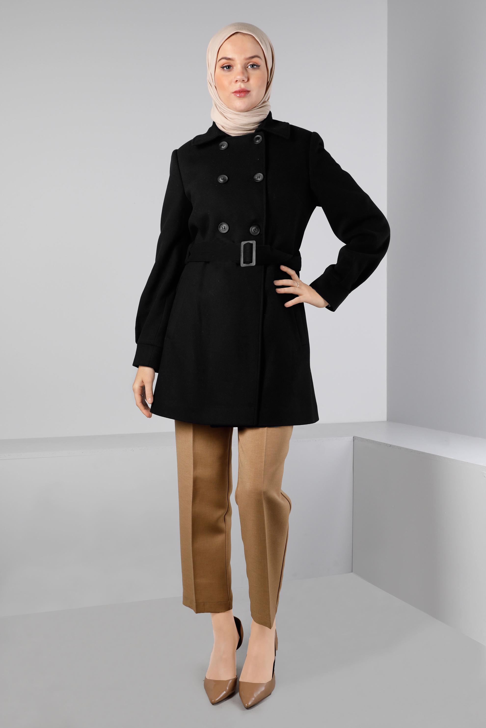 Tesettür giyim SİYAH KEMERLİ DÜĞMELİ KABAN 90349