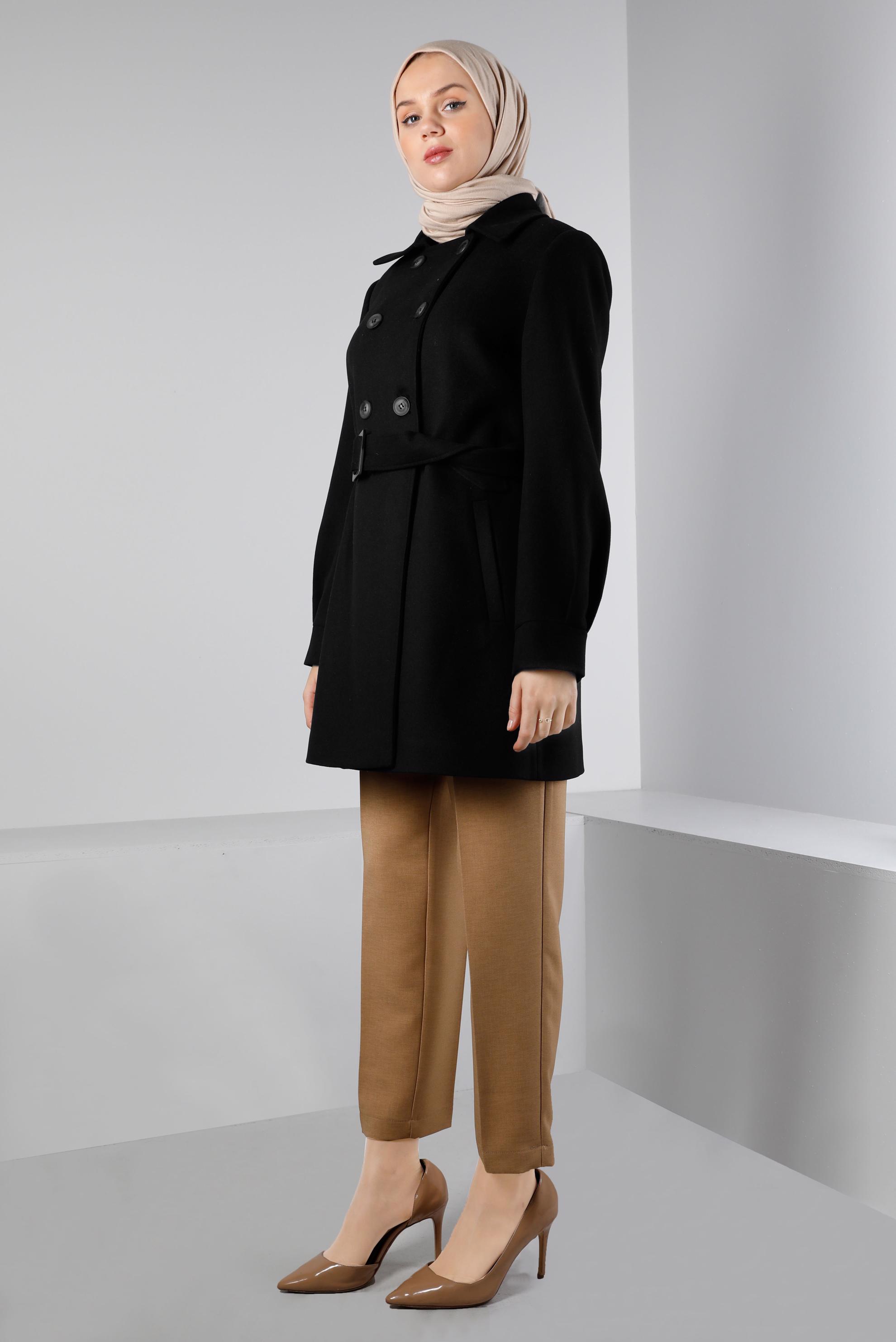 Tesettür giyim SİYAH KEMERLİ DÜĞMELİ KABAN 90349