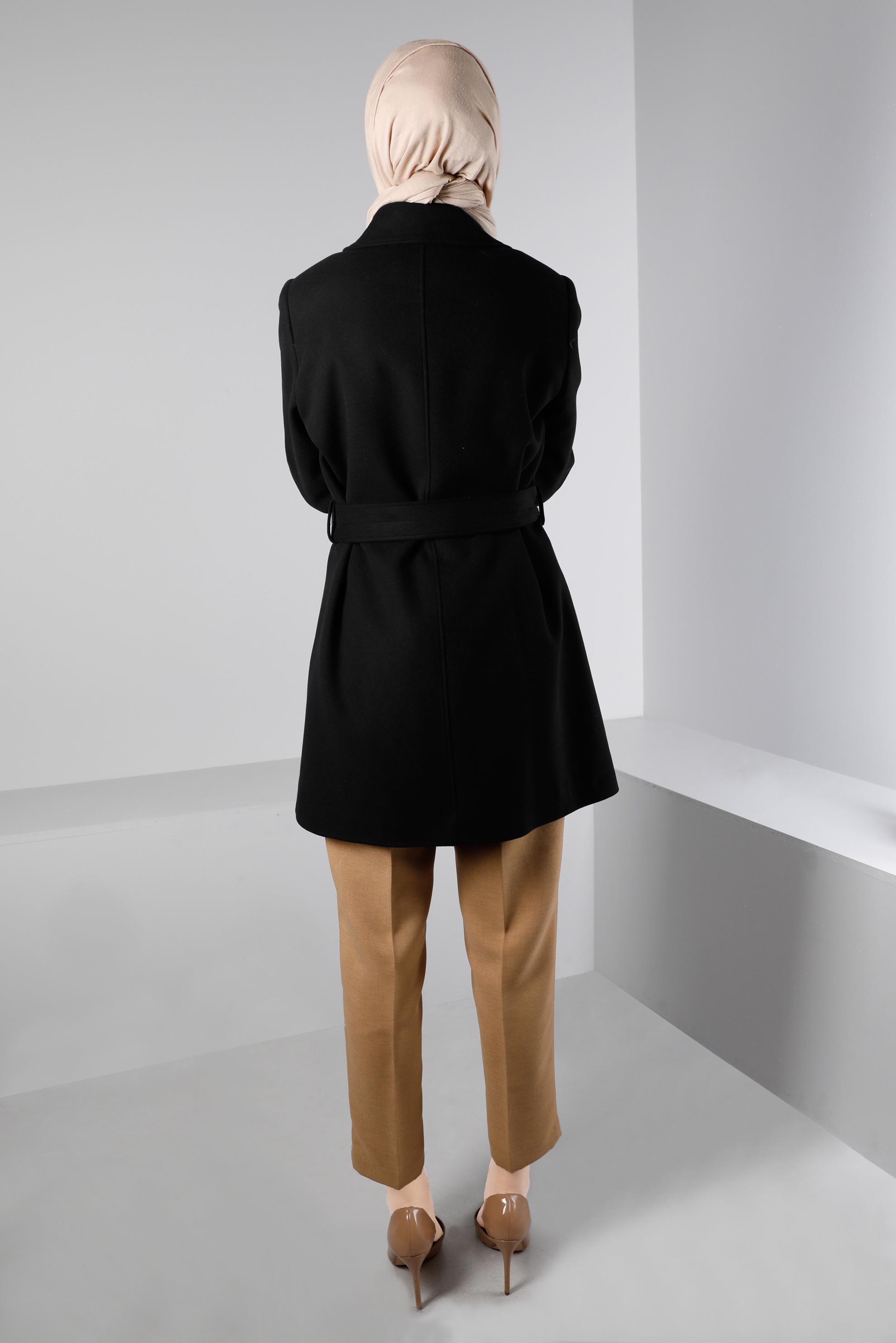 Tesettür giyim SİYAH KEMERLİ DÜĞMELİ KABAN 90349