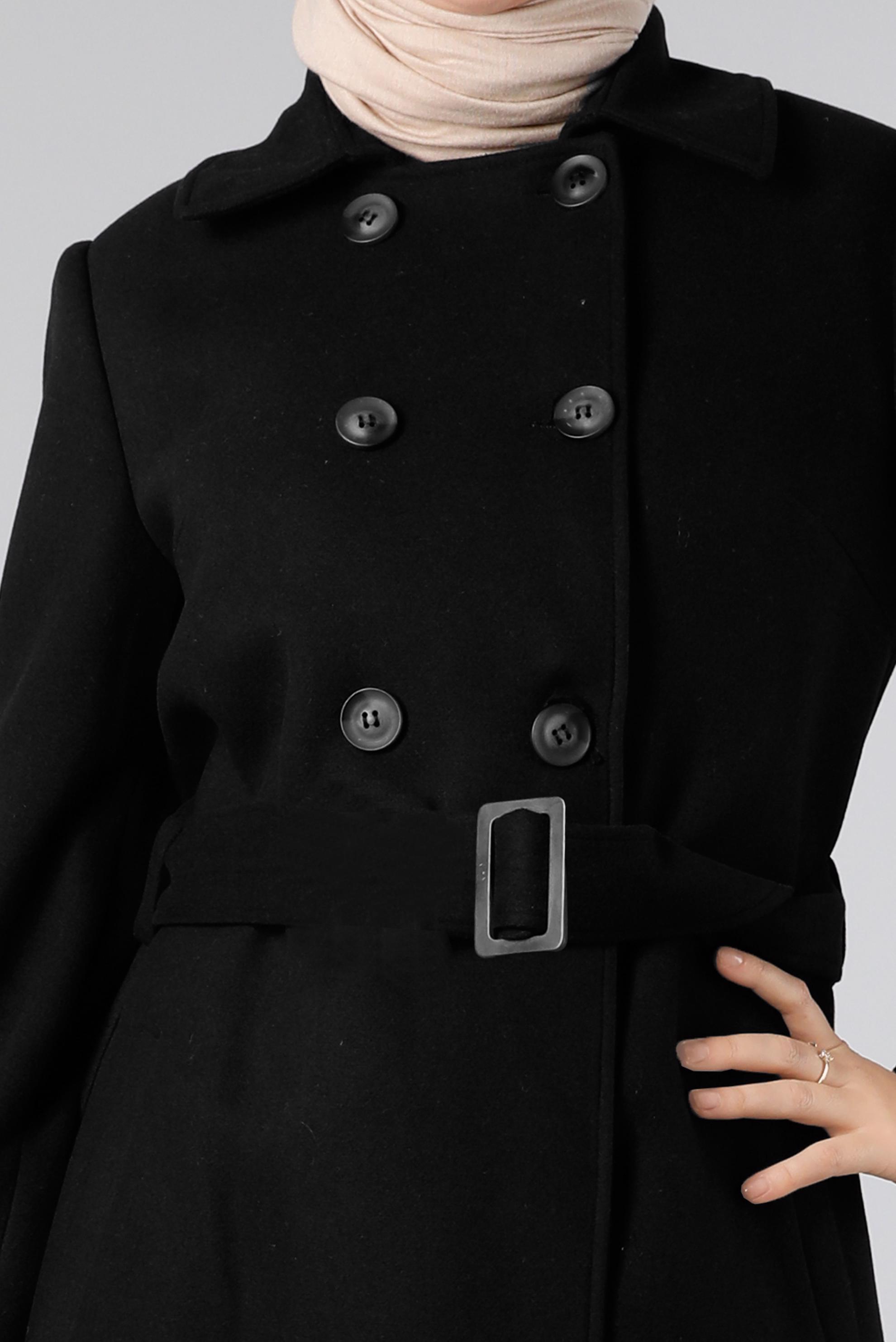 Tesettür giyim SİYAH KEMERLİ DÜĞMELİ KABAN 90349