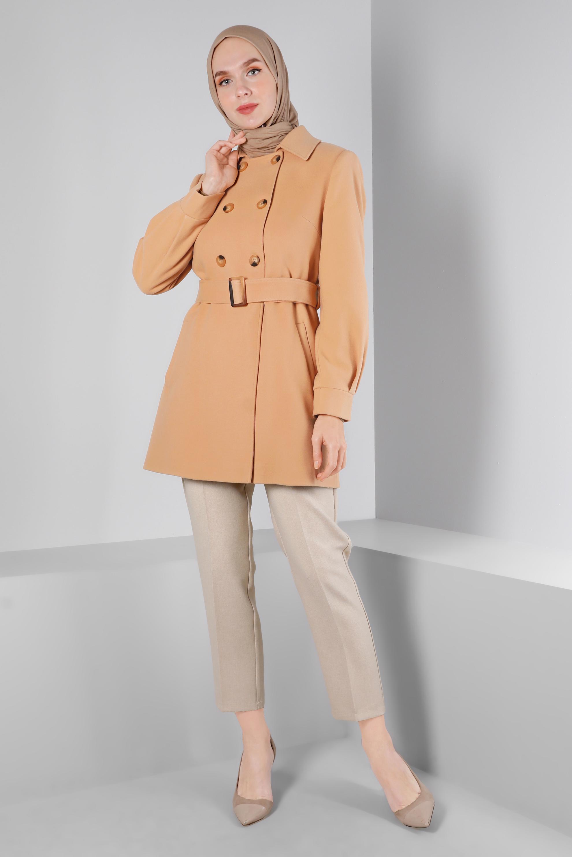 Tesettür giyim KAHVE KEMERLİ DÜĞMELİ KABAN 90349