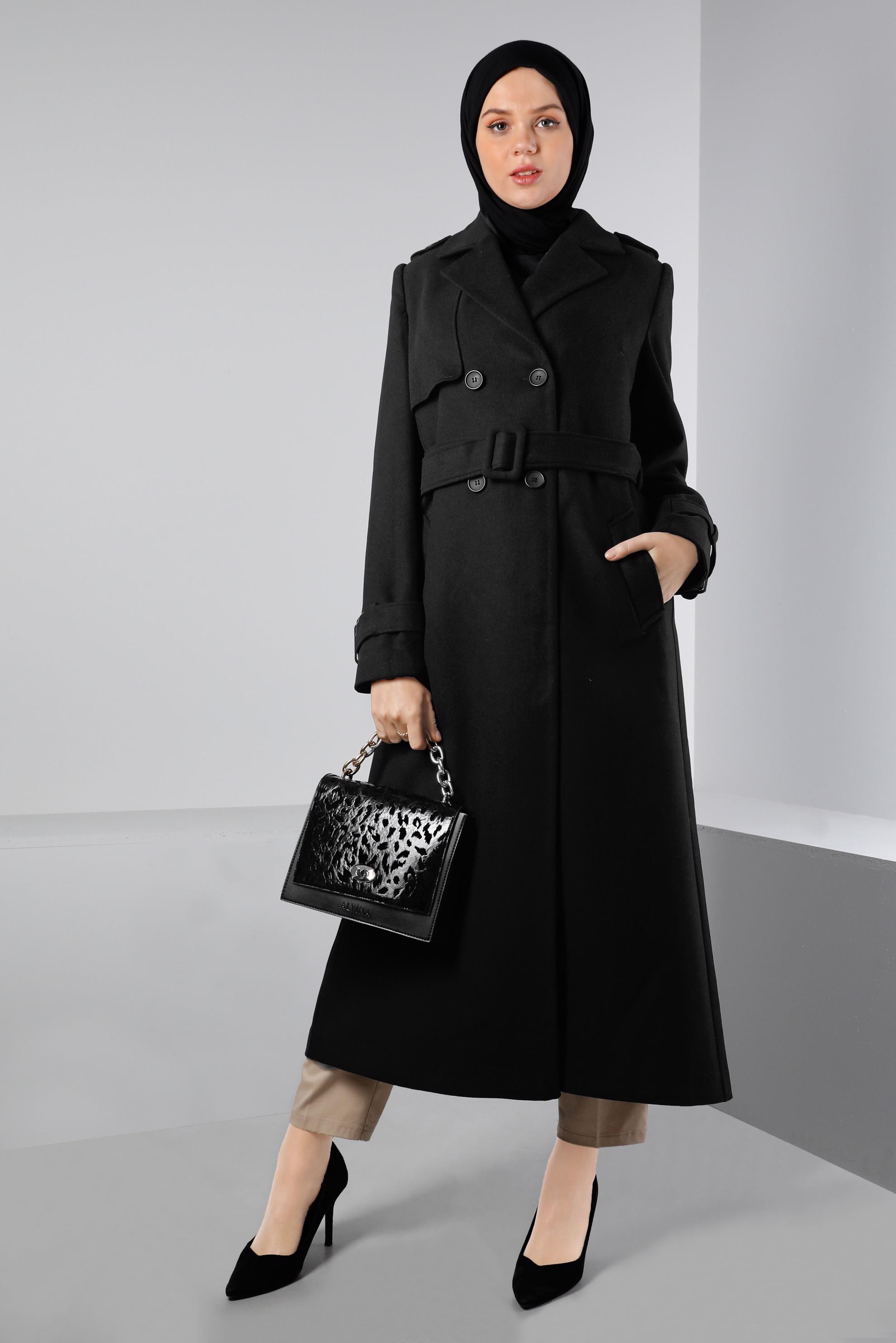 Tesettür giyim SİYAH KEMERLİ DÜĞMELİ KABAN 90350 