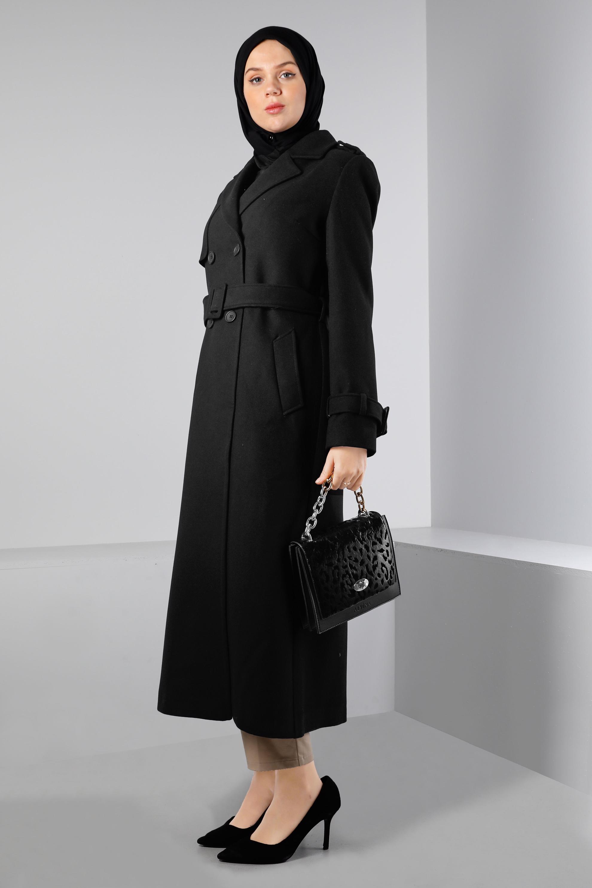 Tesettür giyim SİYAH KEMERLİ DÜĞMELİ KABAN 90350 