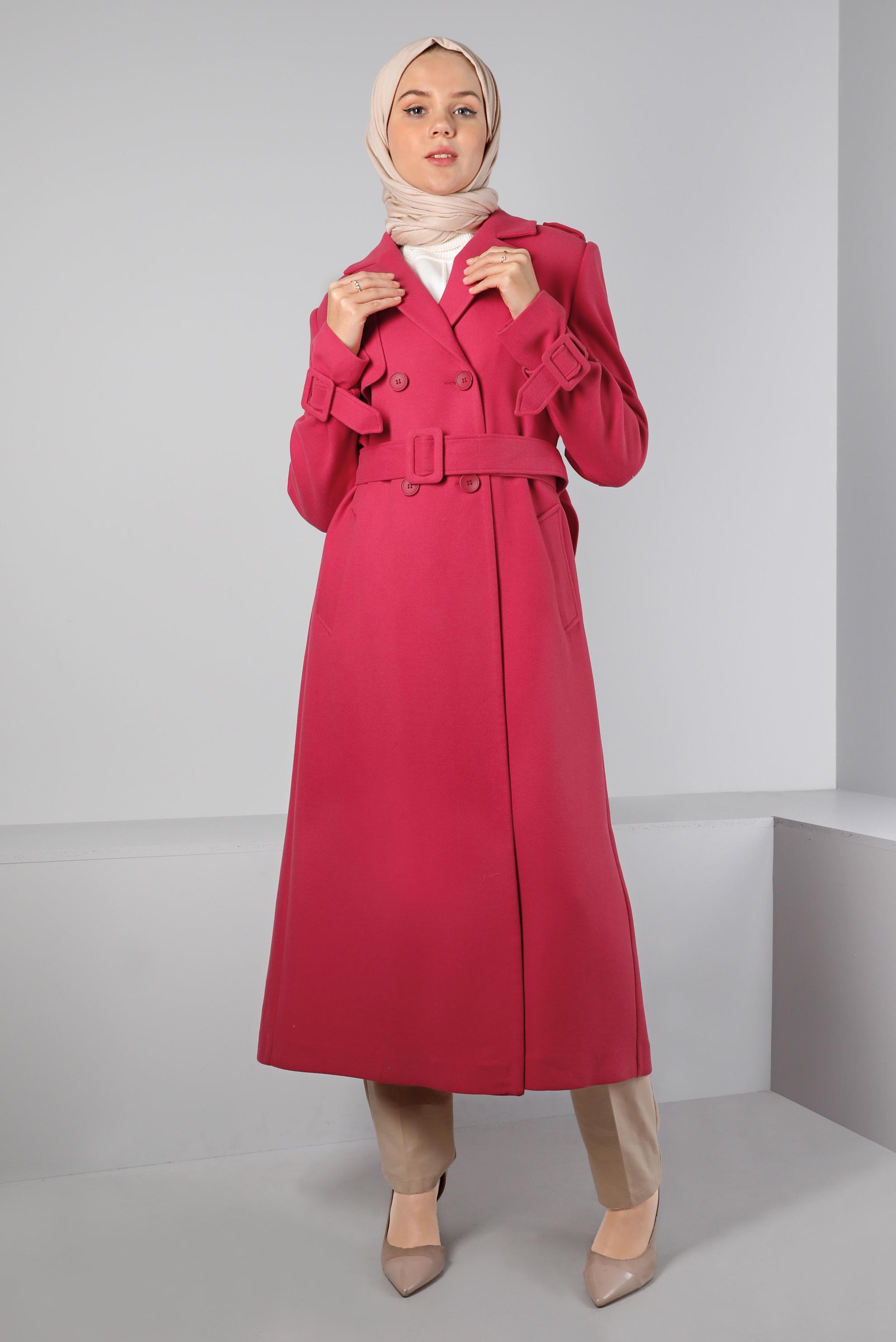 Tesettür giyim FUŞYA KEMERLİ DÜĞMELİ KABAN 90350 