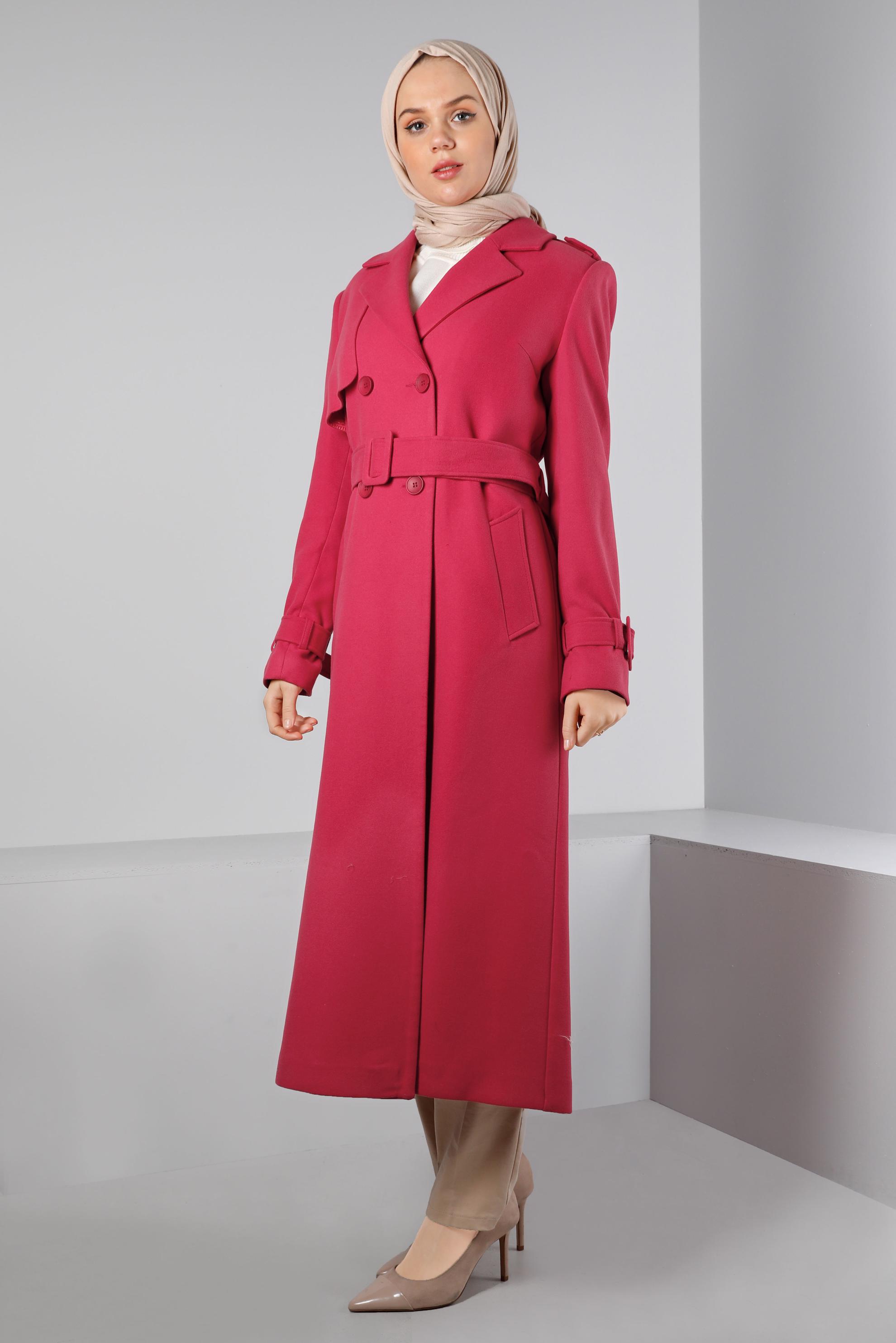 Tesettür giyim FUŞYA KEMERLİ DÜĞMELİ KABAN 90350 