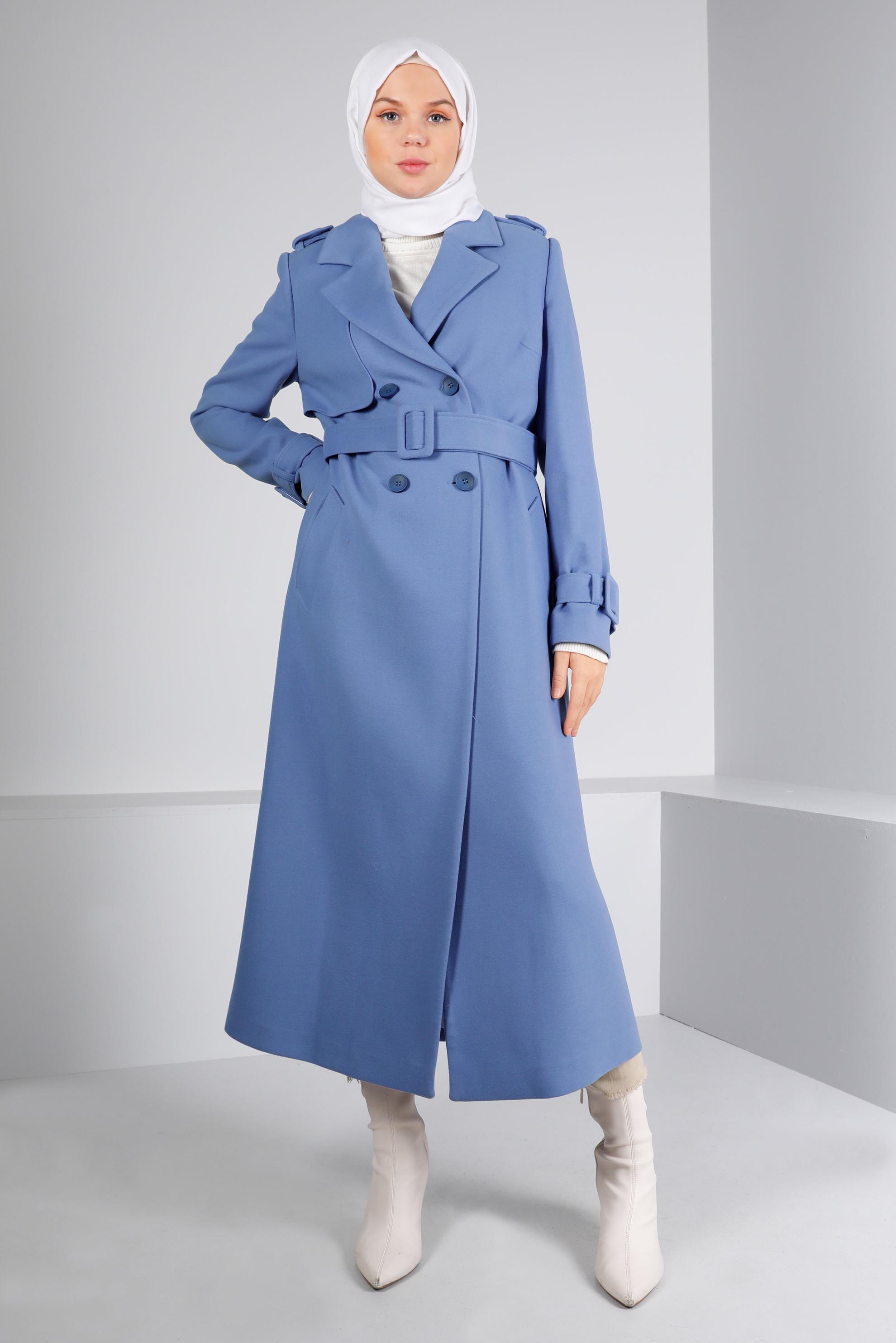 Tesettür giyim MAVİ KEMERLİ DÜĞMELİ KABAN 90350 