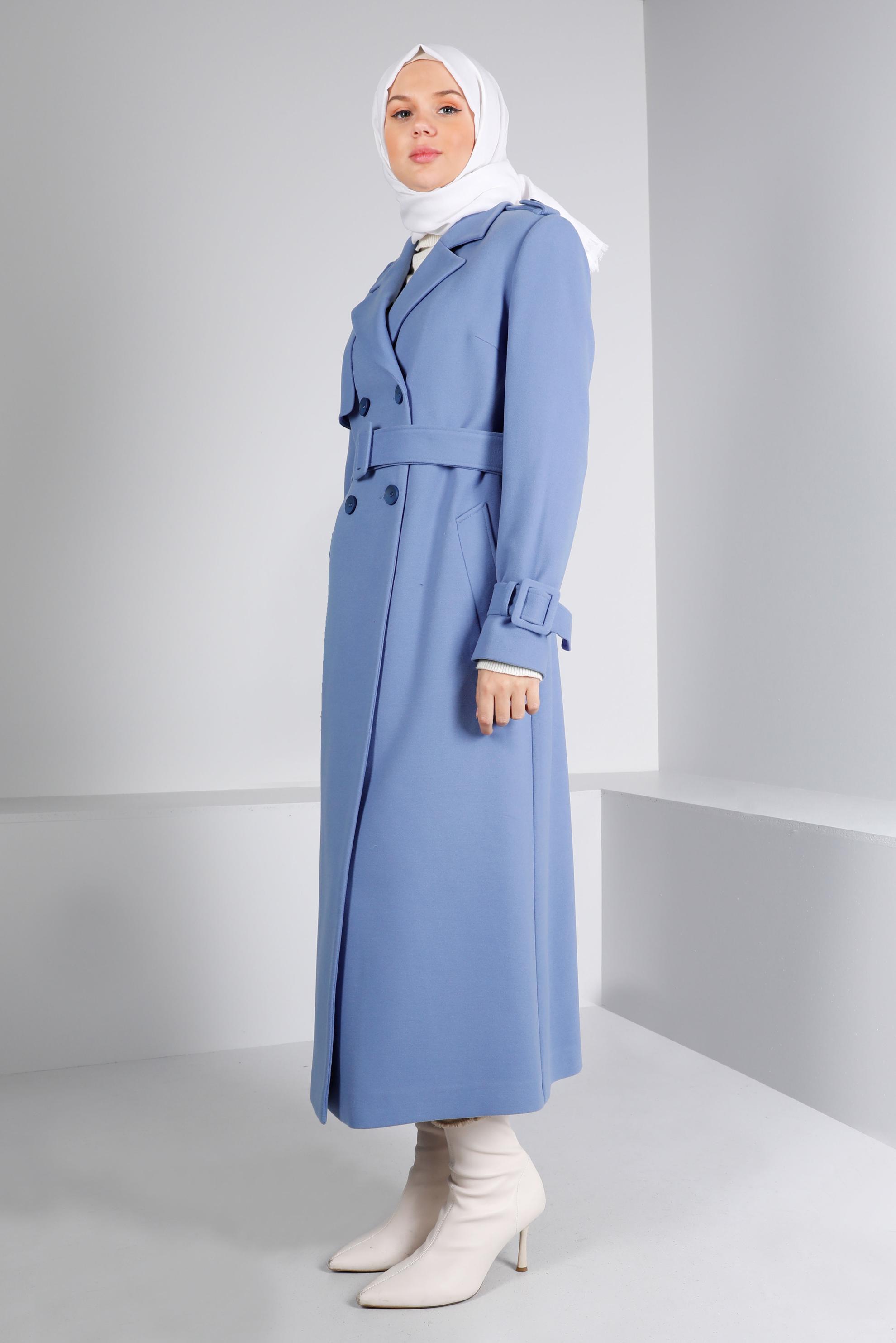 Tesettür giyim MAVİ KEMERLİ DÜĞMELİ KABAN 90350 