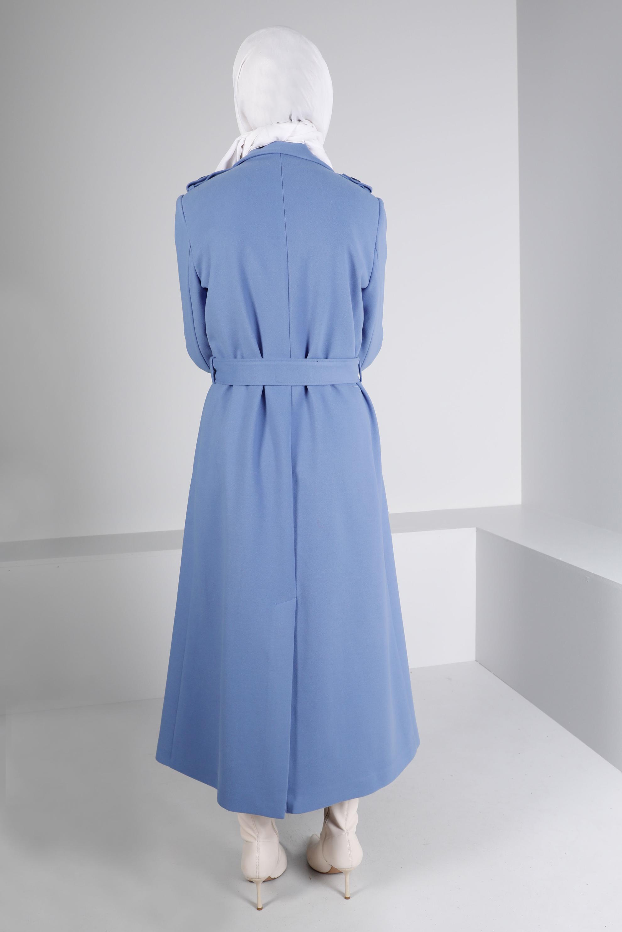 Tesettür giyim MAVİ KEMERLİ DÜĞMELİ KABAN 90350 