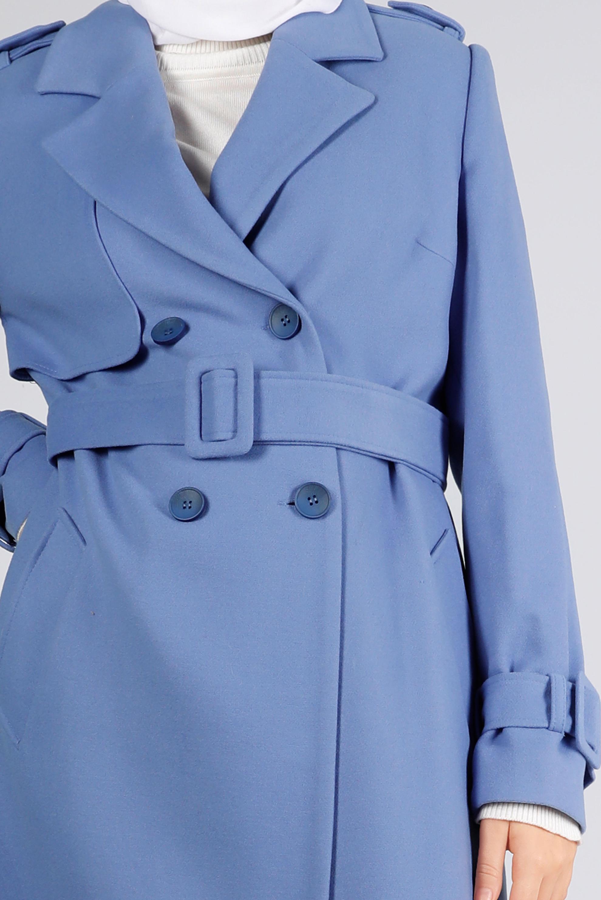 Tesettür giyim MAVİ KEMERLİ DÜĞMELİ KABAN 90350 