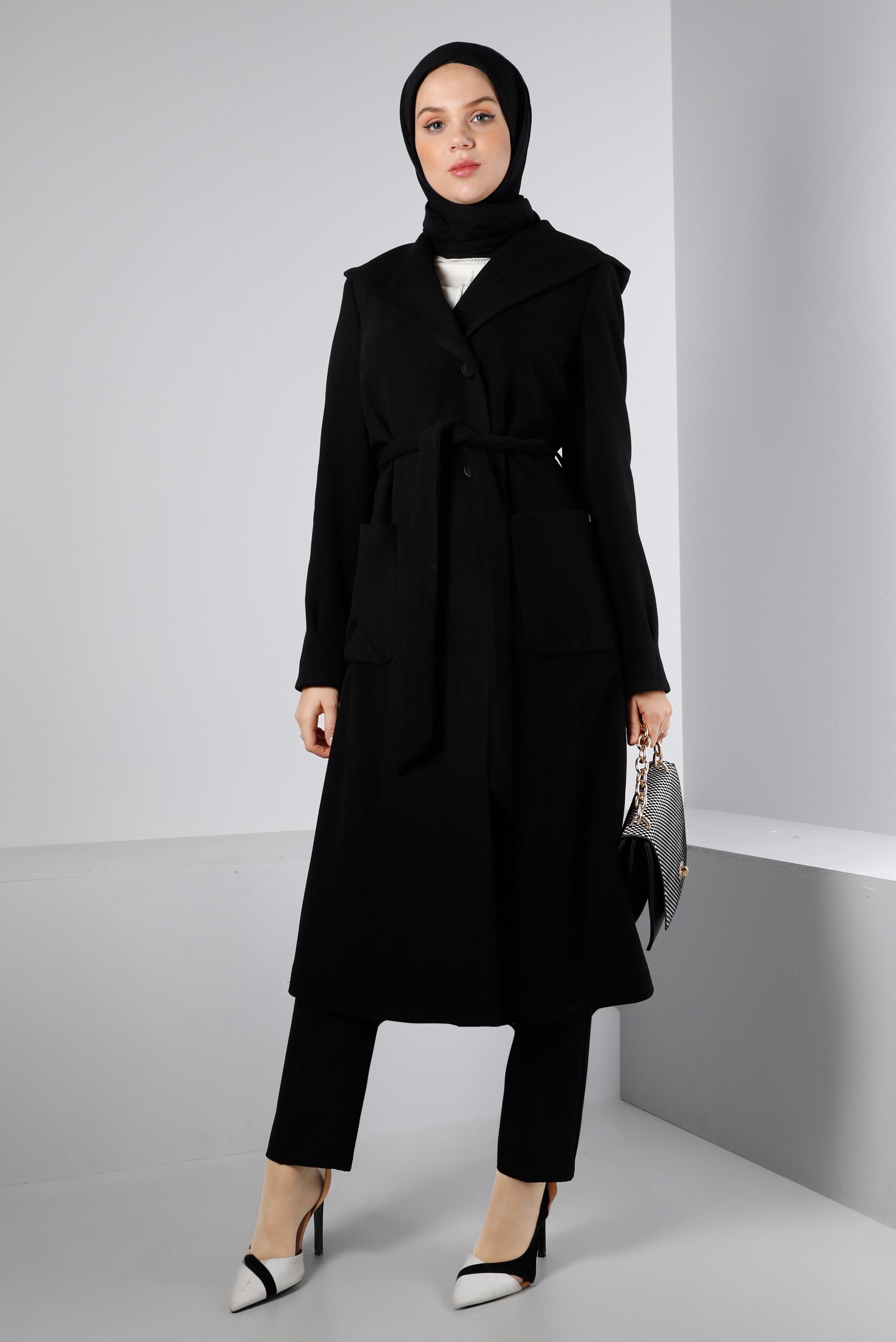 Tesettür giyim SİYAH KAPÜŞONLU CEPLİ KABAN 90351