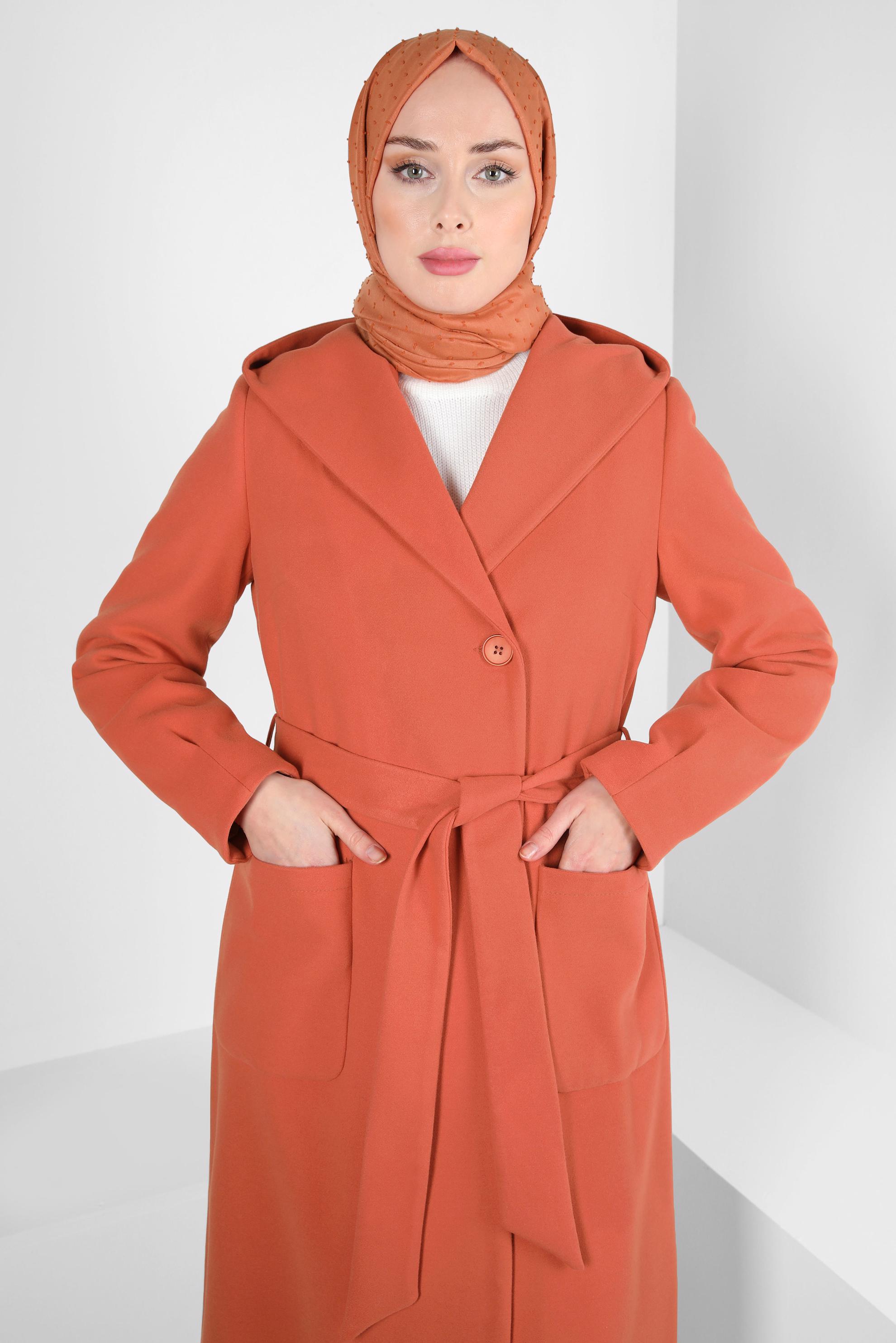 Tesettür giyim TURUNCU KAPÜŞONLU CEPLİ KABAN 90351