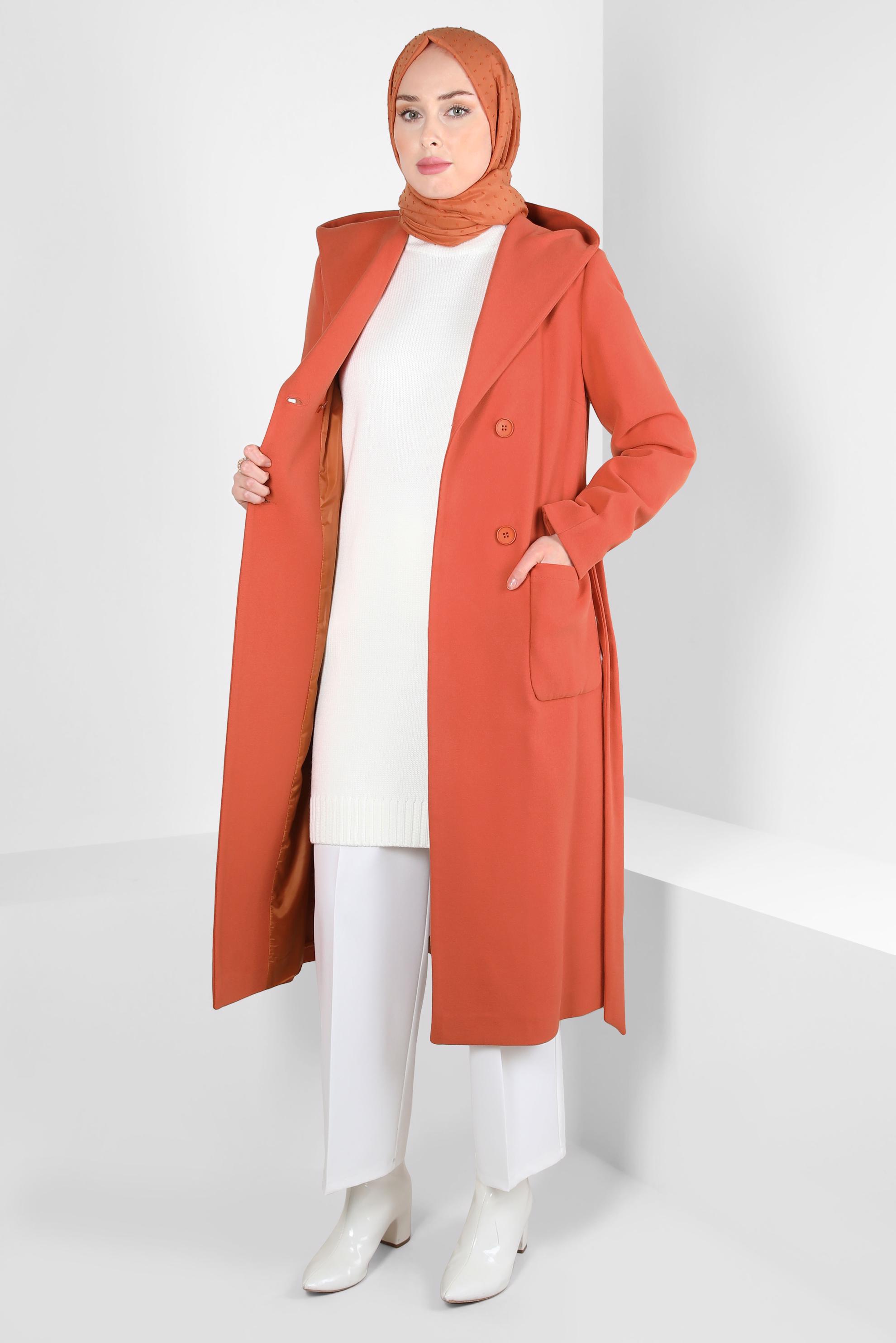 Tesettür giyim TURUNCU KAPÜŞONLU CEPLİ KABAN 90351