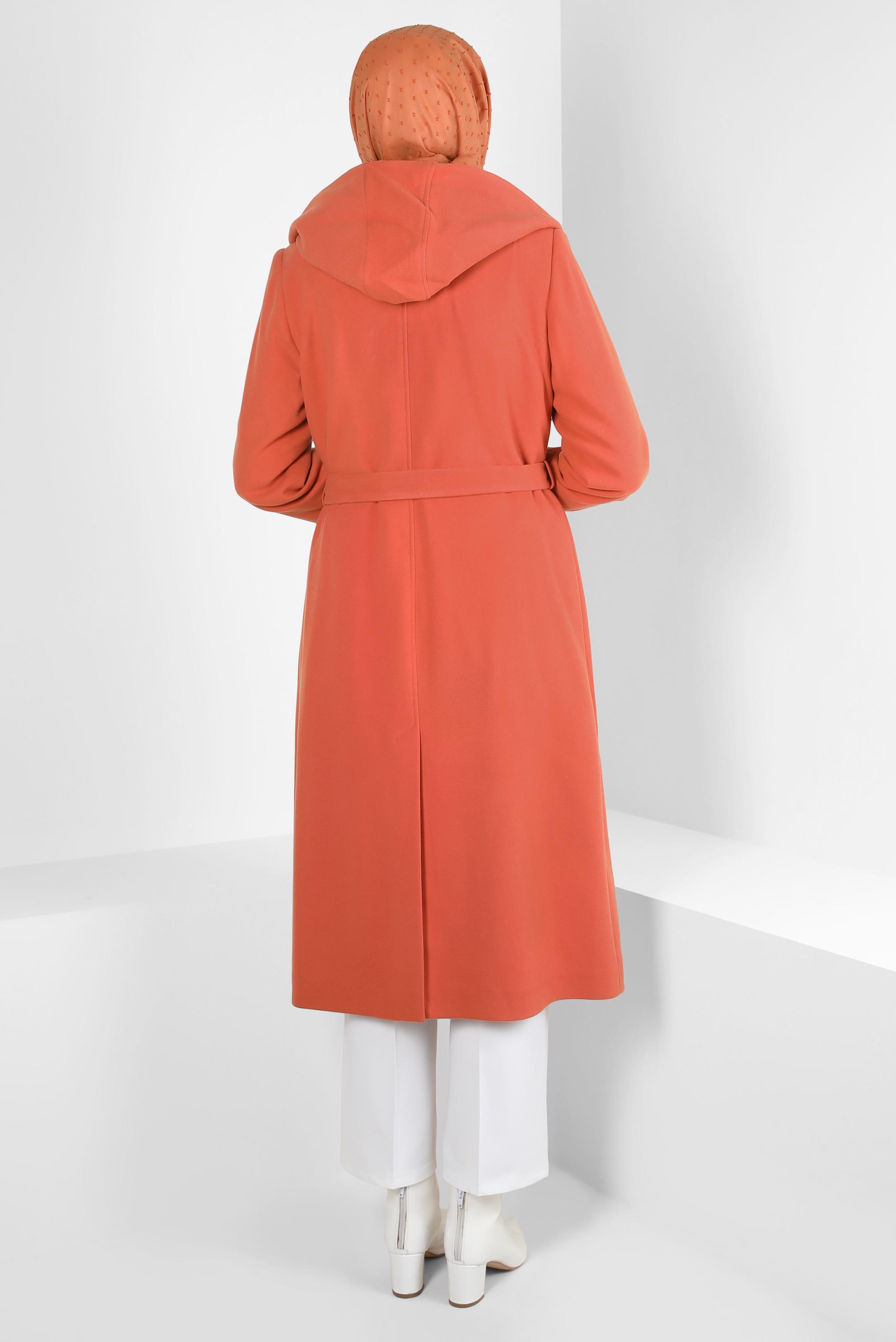 Tesettür giyim TURUNCU KAPÜŞONLU CEPLİ KABAN 90351