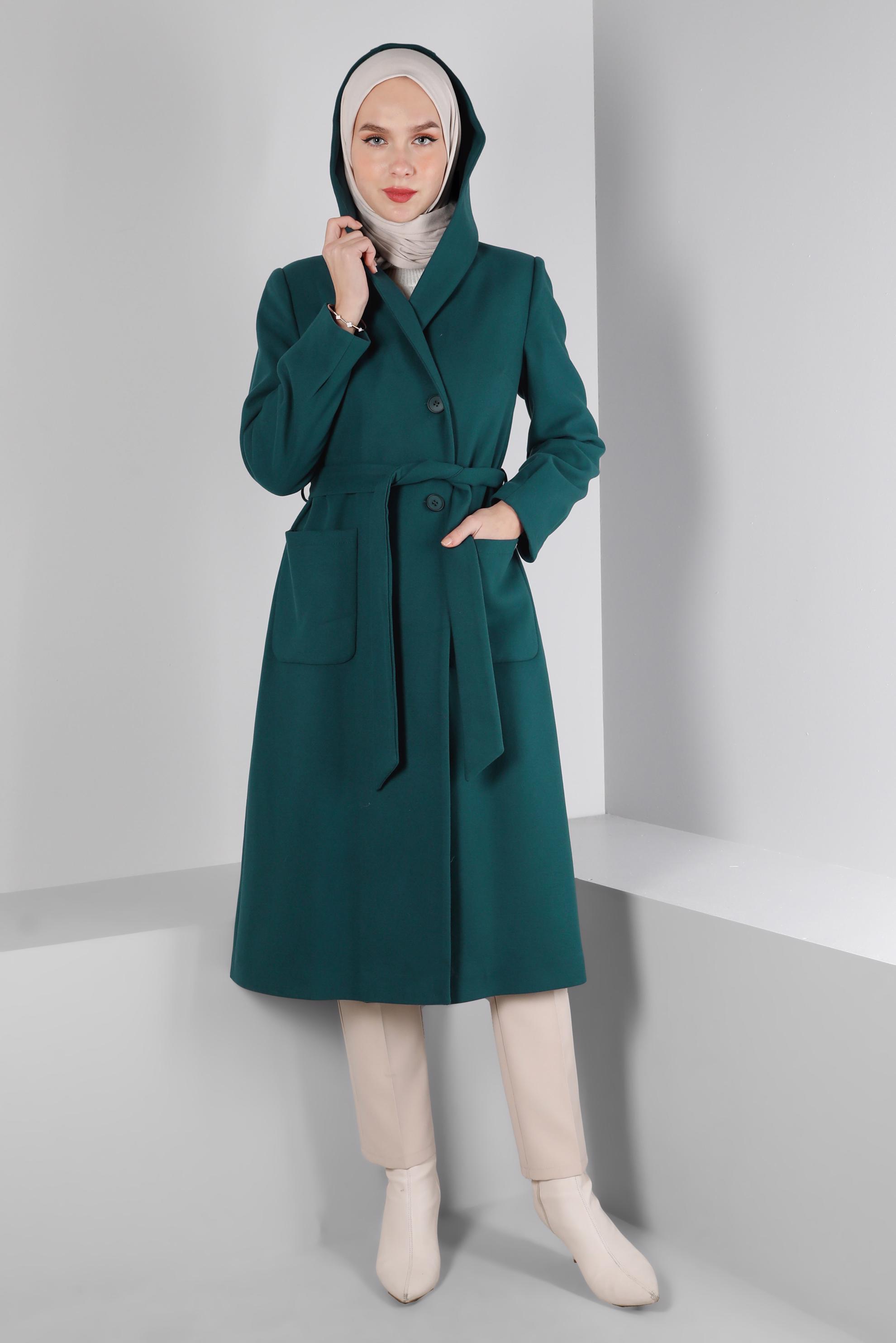 Tesettür giyim MAVİ KAPÜŞONLU CEPLİ KABAN 90351