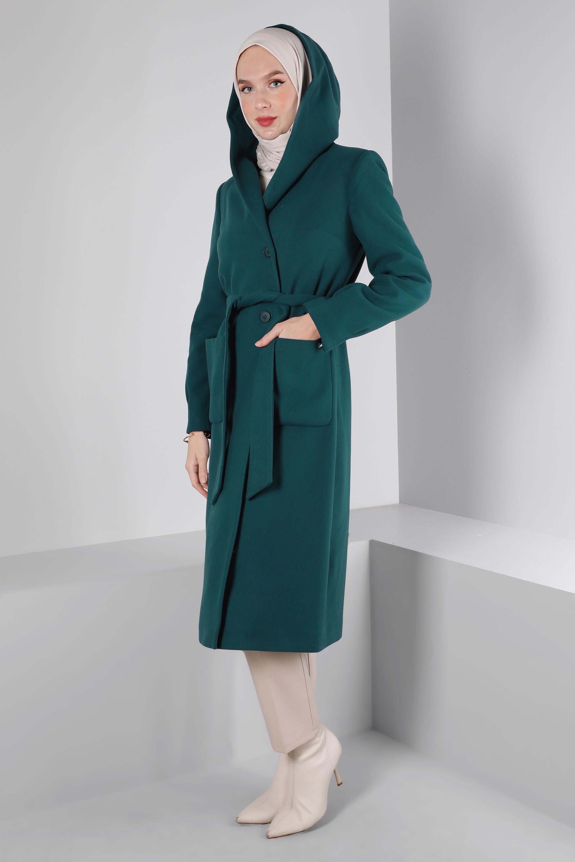 Tesettür giyim MAVİ KAPÜŞONLU CEPLİ KABAN 90351