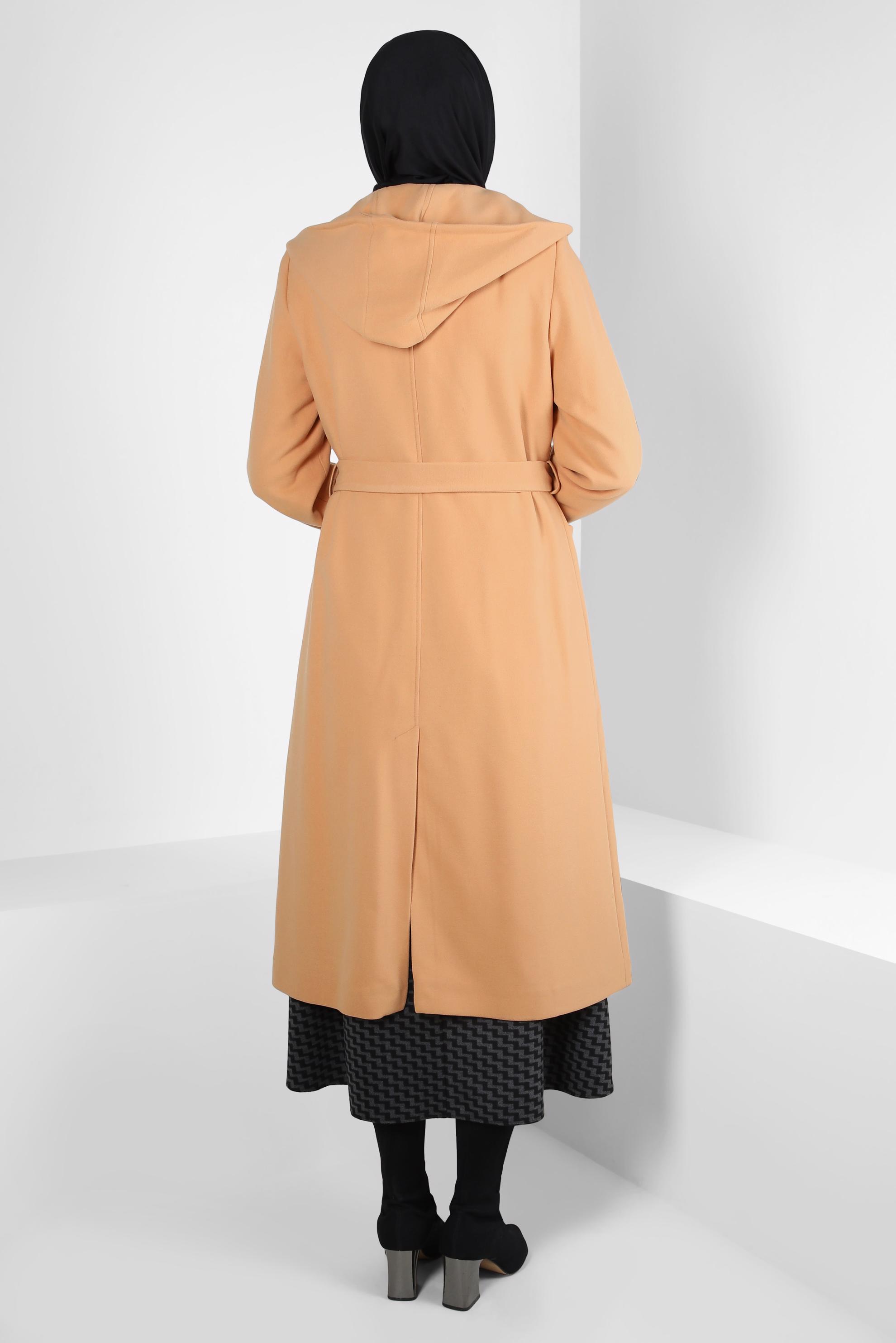 Tesettür giyim KAHVE KAPÜŞONLU CEPLİ KABAN 90351