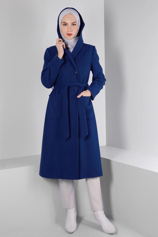 Vêtements hijab BLEU MANTEAU À CAPUCHE AVEC POCHE 90351 - ALVİNA
