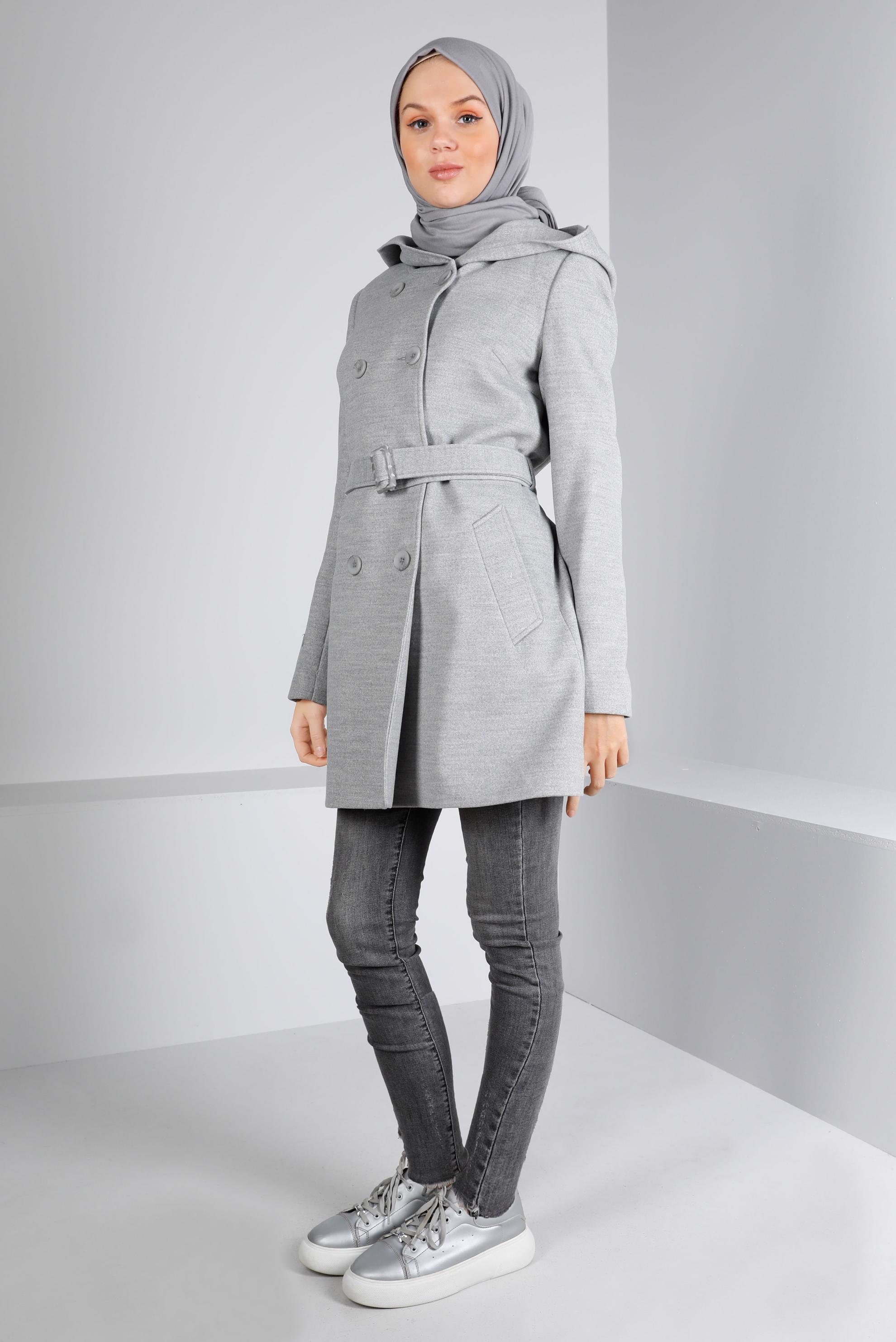 Tesettür giyim GÜMÜŞ KUŞAKLI KAPÜŞONLU KABAN 90352