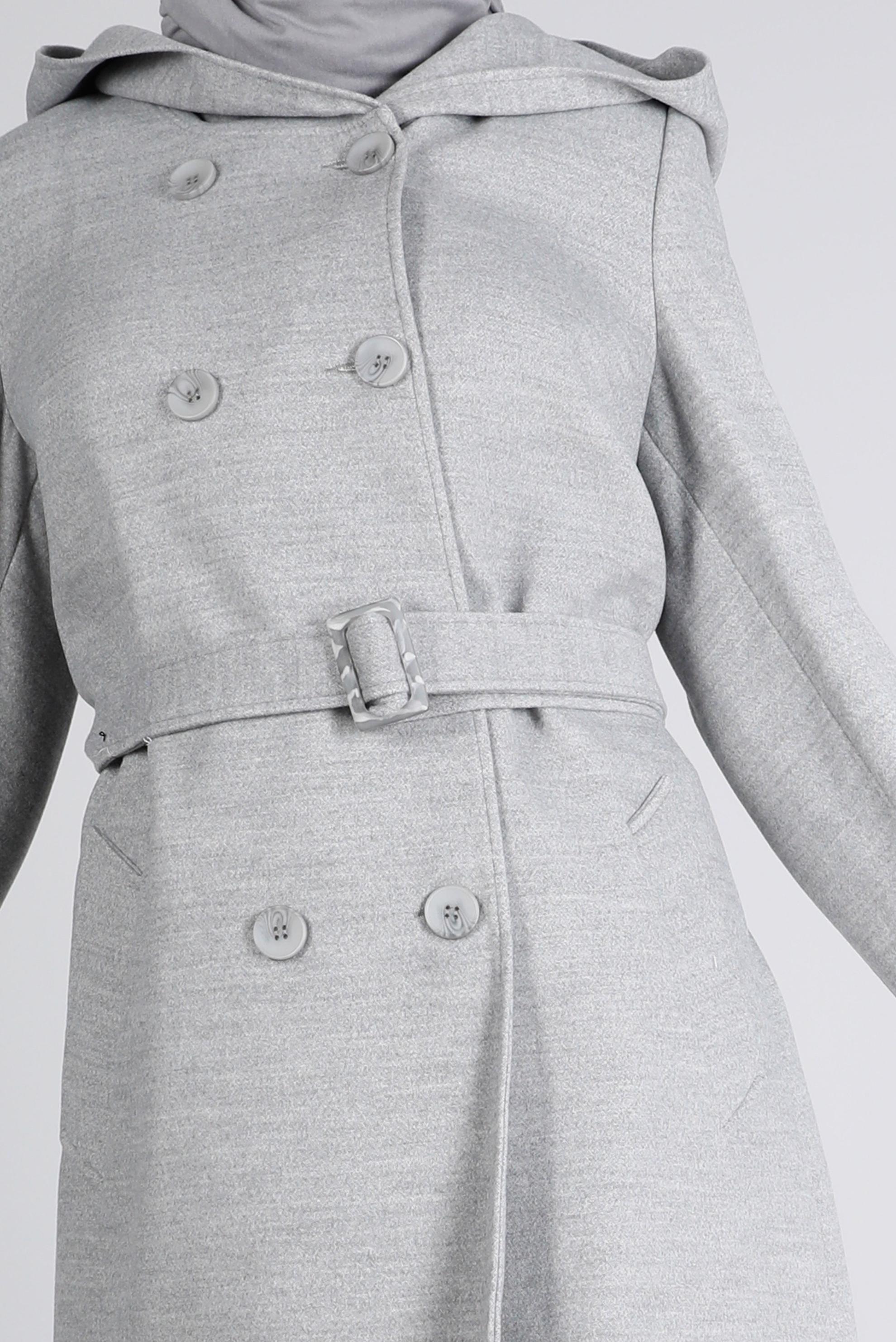 Tesettür giyim GÜMÜŞ KUŞAKLI KAPÜŞONLU KABAN 90352