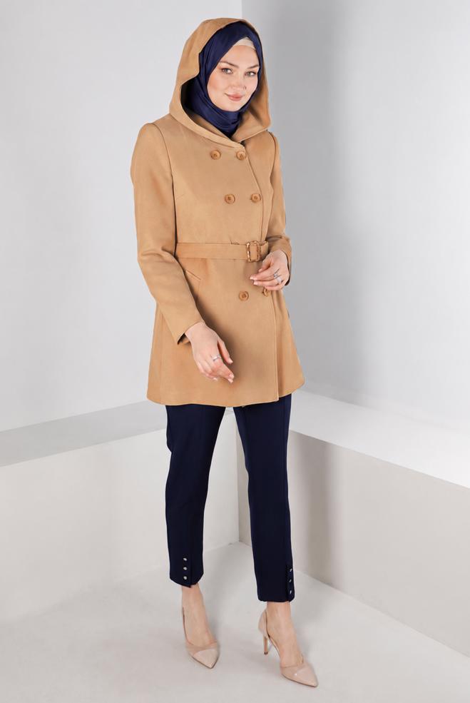 Vêtements hijab BEIGE MANTEAU À CAPUCHE ET CEINTURE 90352 - ALVİNA
