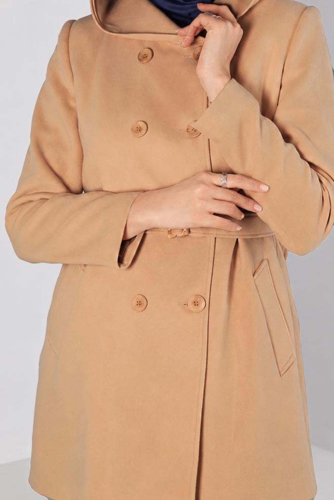 Vêtements hijab BEIGE MANTEAU À CAPUCHE ET CEINTURE 90352 - ALVİNA