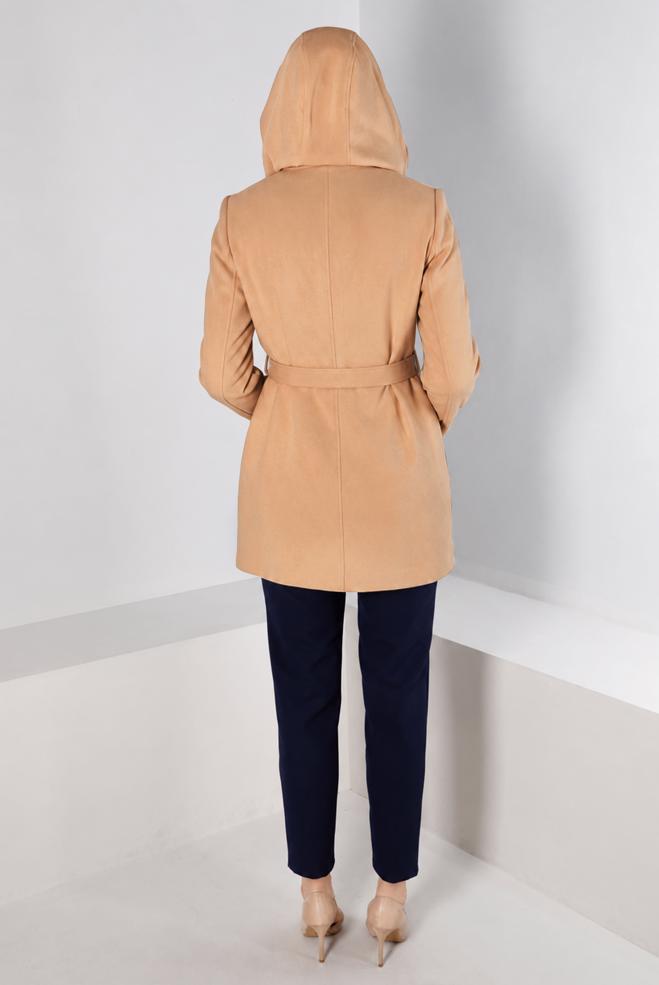 Vêtements hijab BEIGE MANTEAU À CAPUCHE ET CEINTURE 90352 - ALVİNA