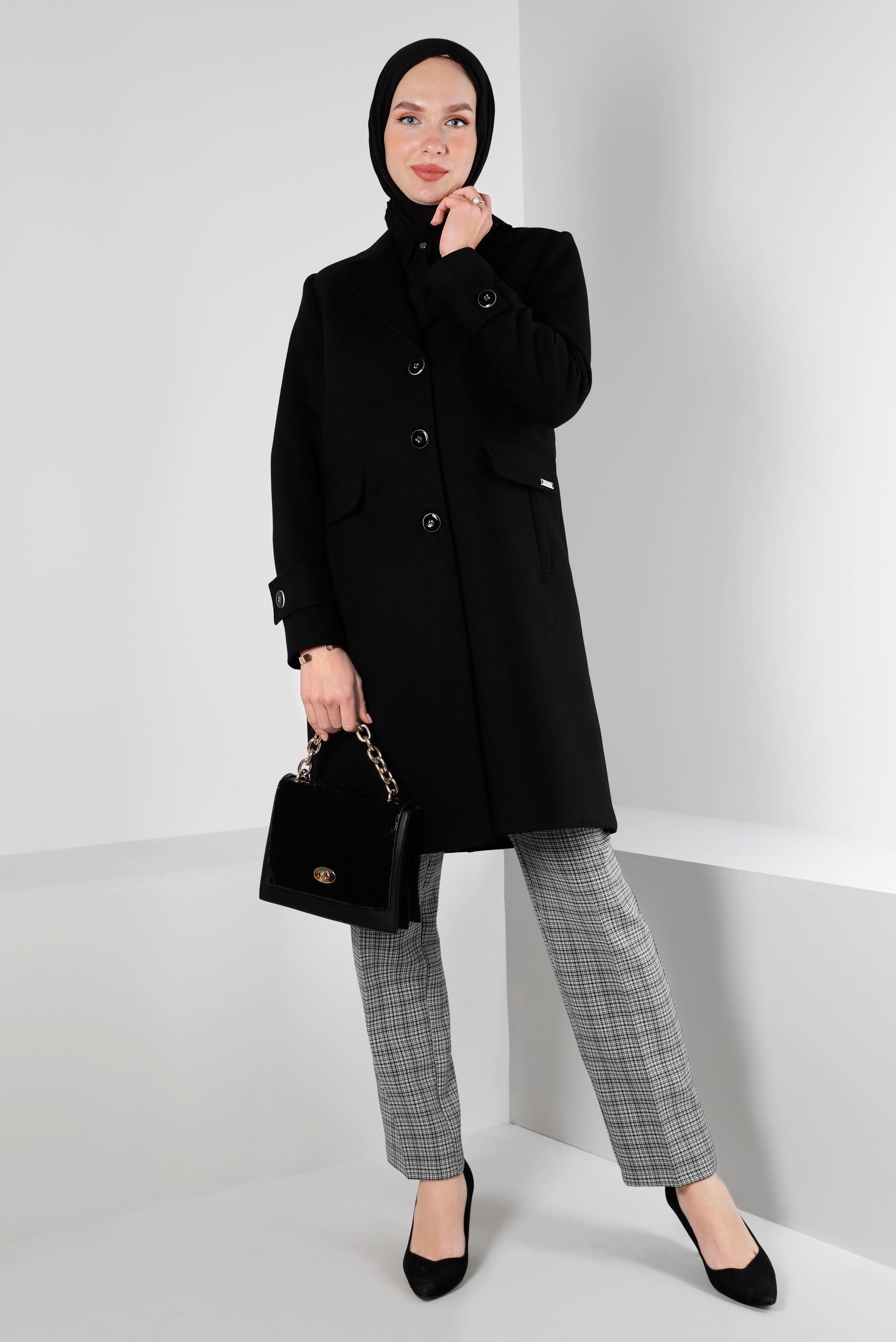 Tesettür giyim SİYAH KRUVAZE YAKA DÜĞMELİ KABAN 90355 