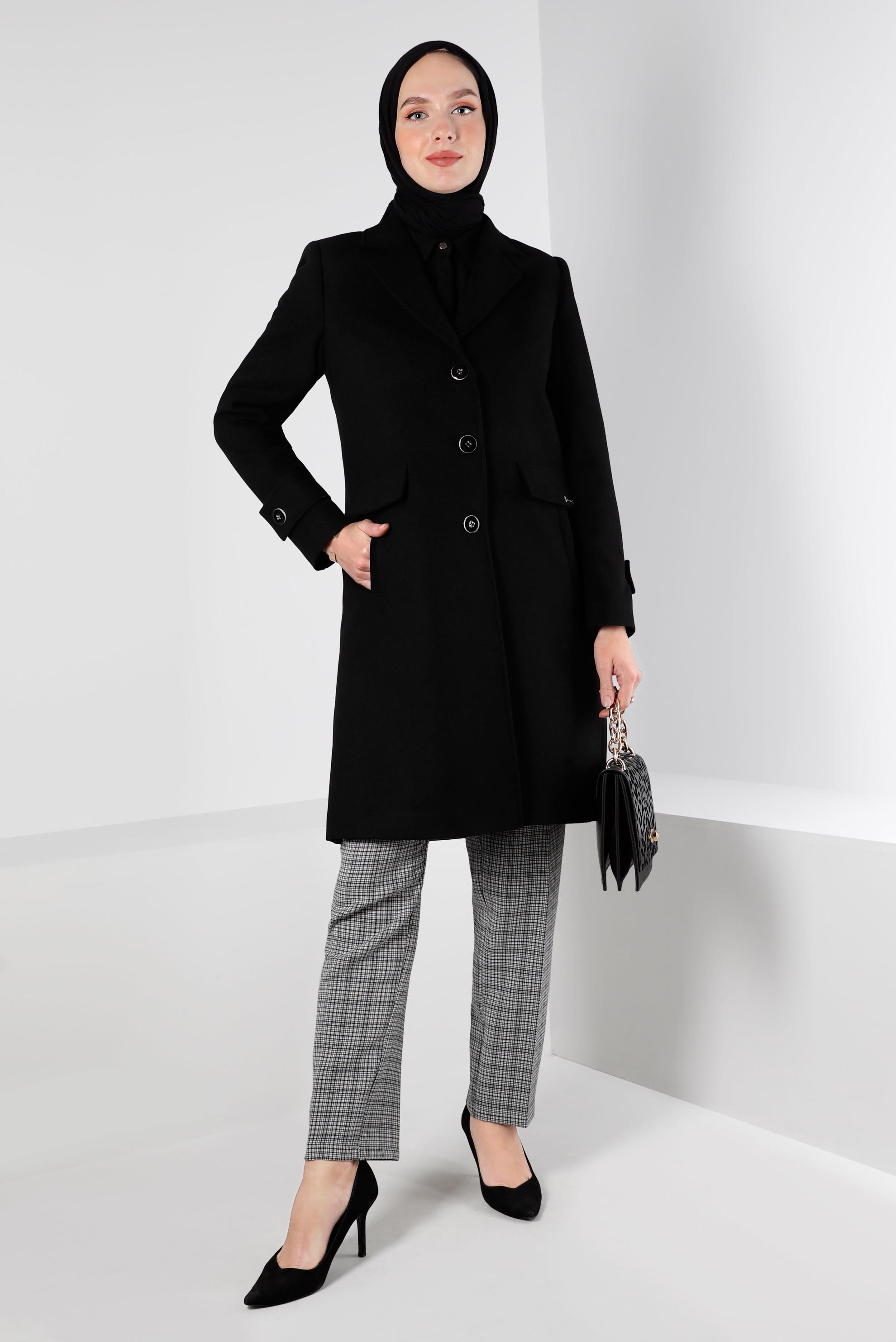 Tesettür giyim SİYAH KRUVAZE YAKA DÜĞMELİ KABAN 90355 