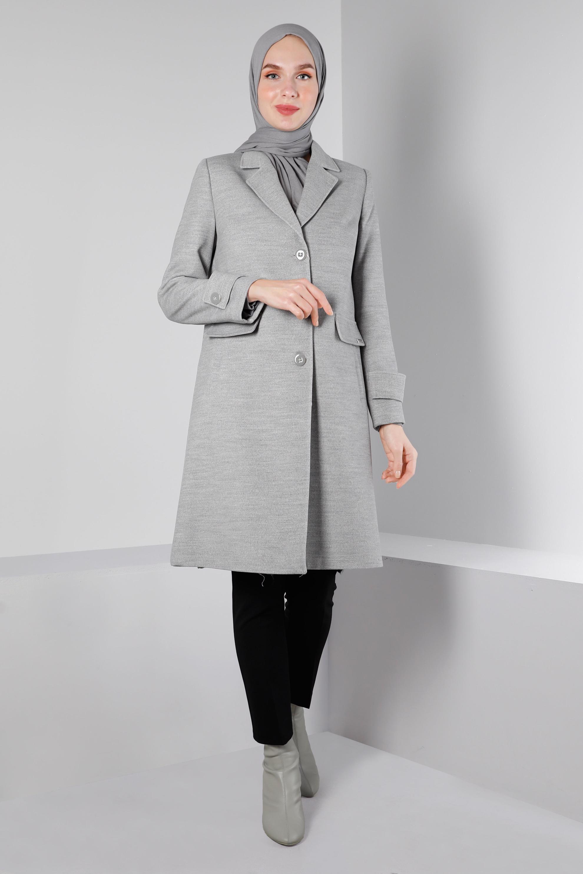 Tesettür giyim GRİ KRUVAZE YAKA DÜĞMELİ KABAN 90355 