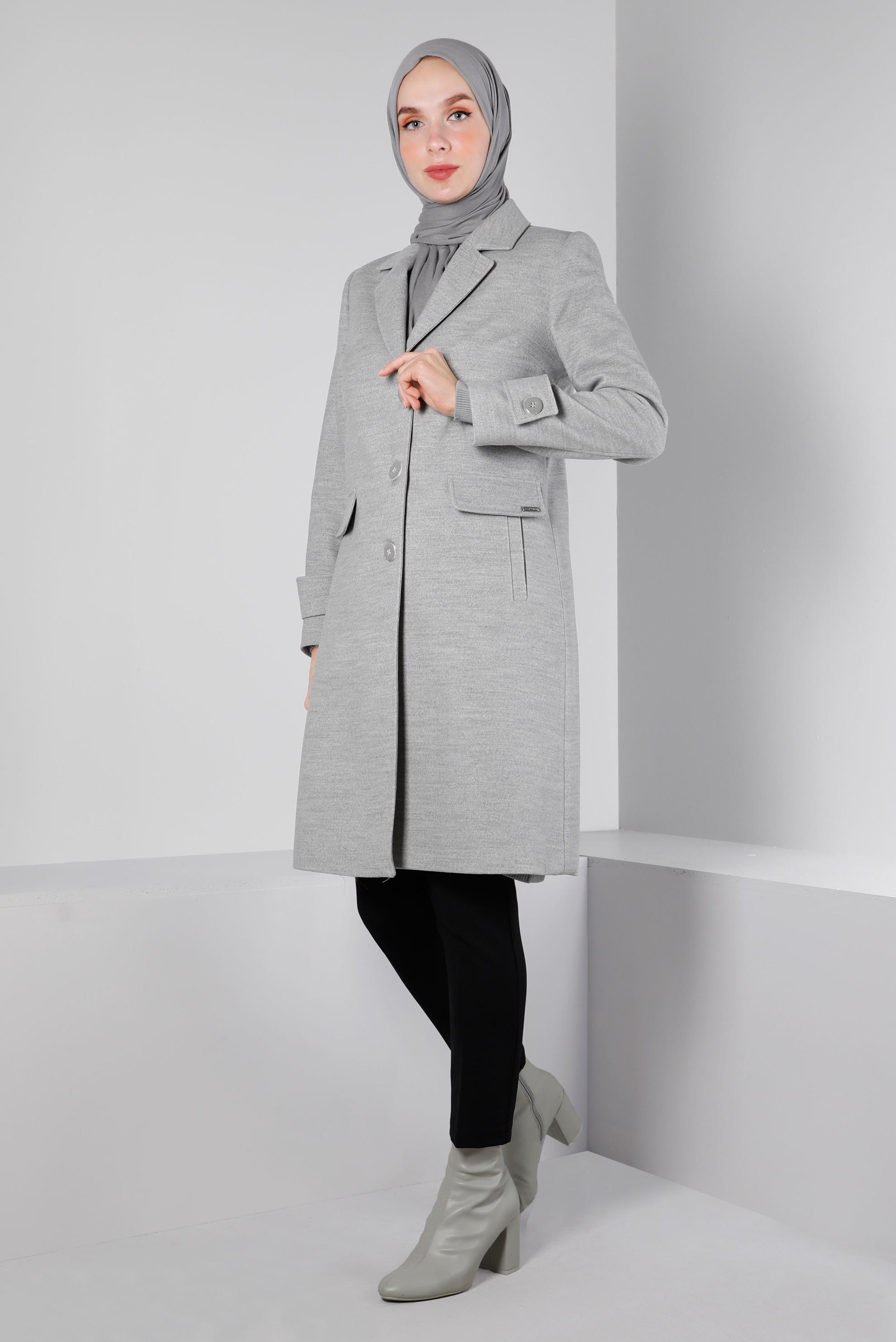 Tesettür giyim GRİ KRUVAZE YAKA DÜĞMELİ KABAN 90355 