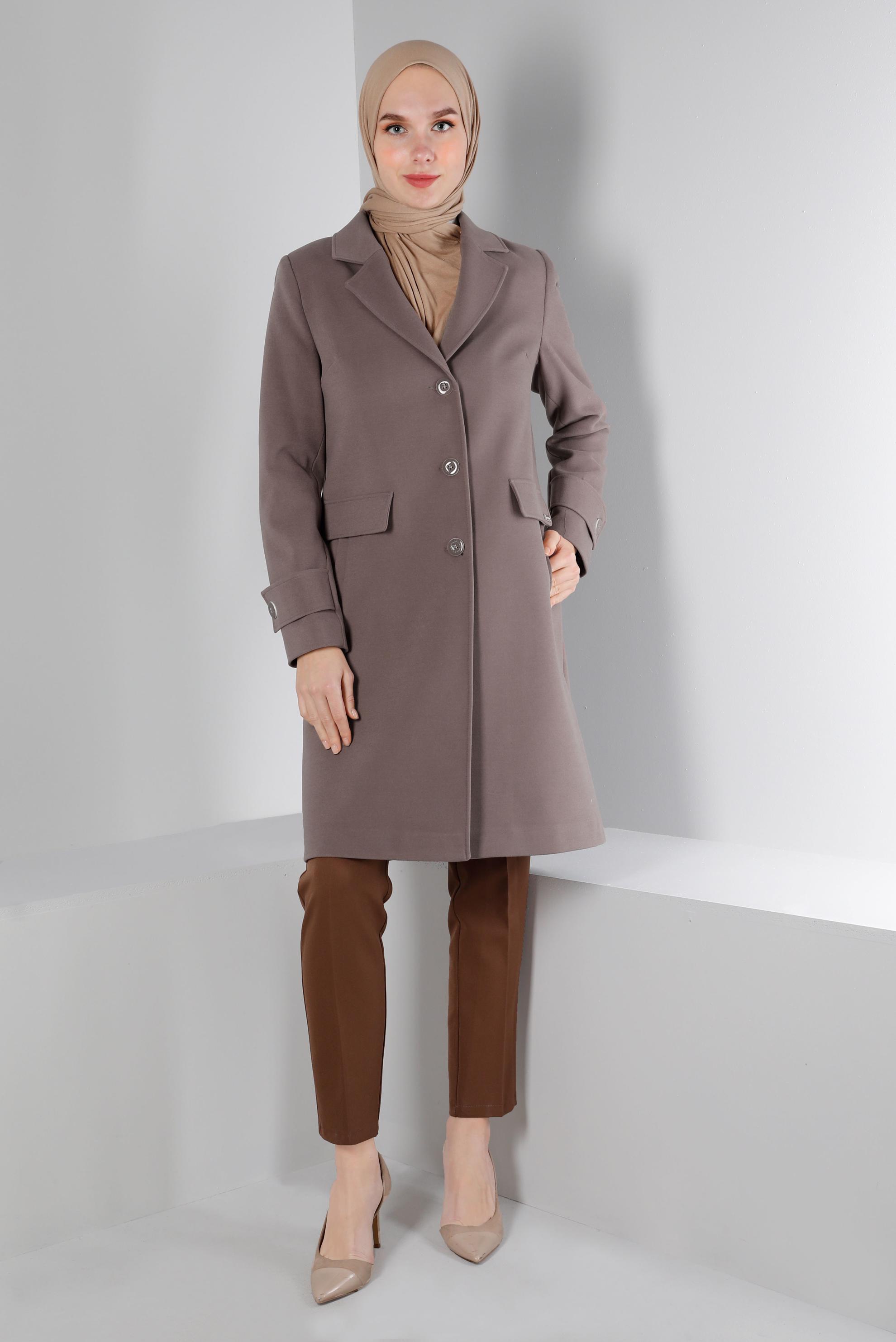 Tesettür giyim VİZON KRUVAZE YAKA DÜĞMELİ KABAN 90355 