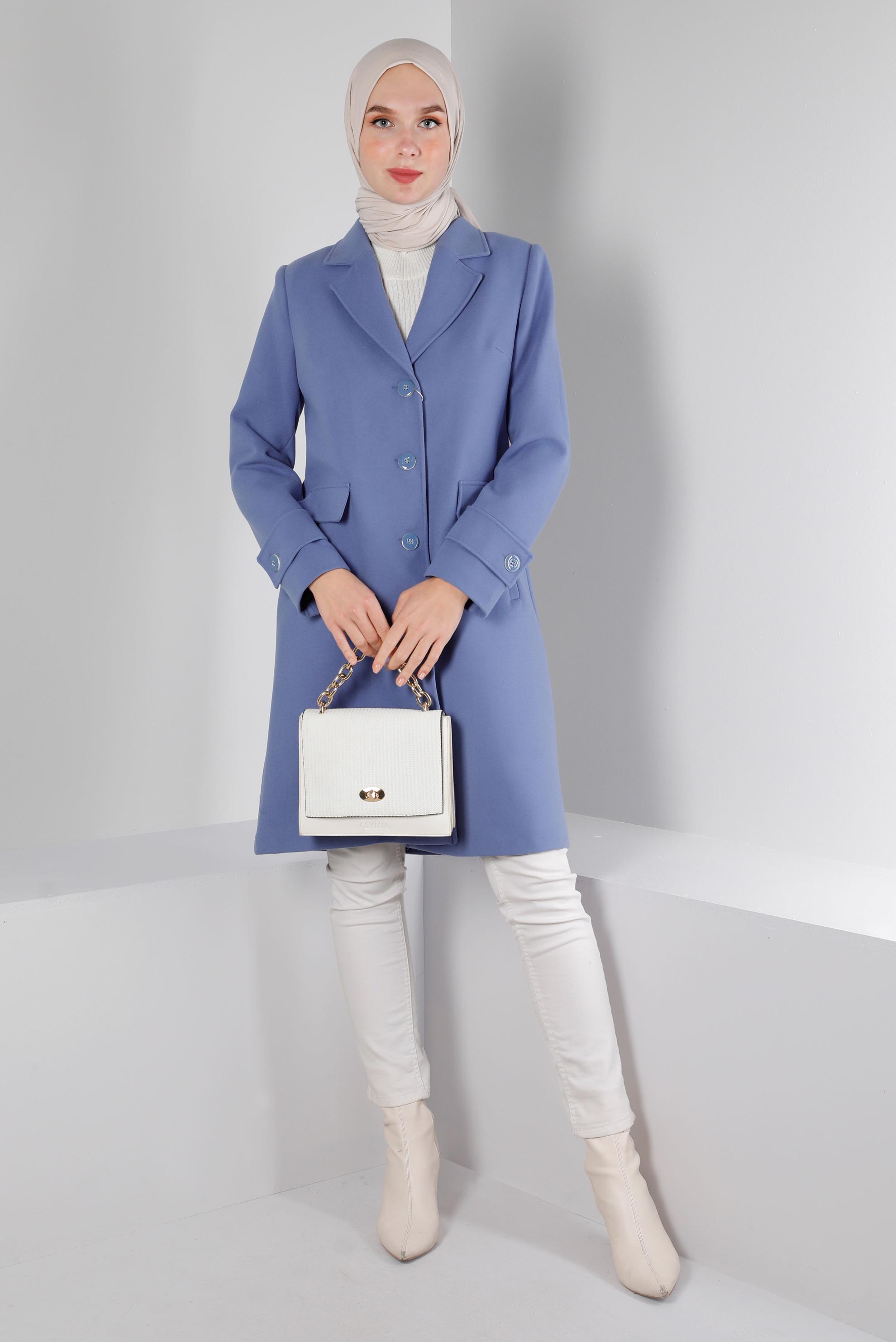 Tesettür giyim MAVİ KRUVAZE YAKA DÜĞMELİ KABAN 90355 