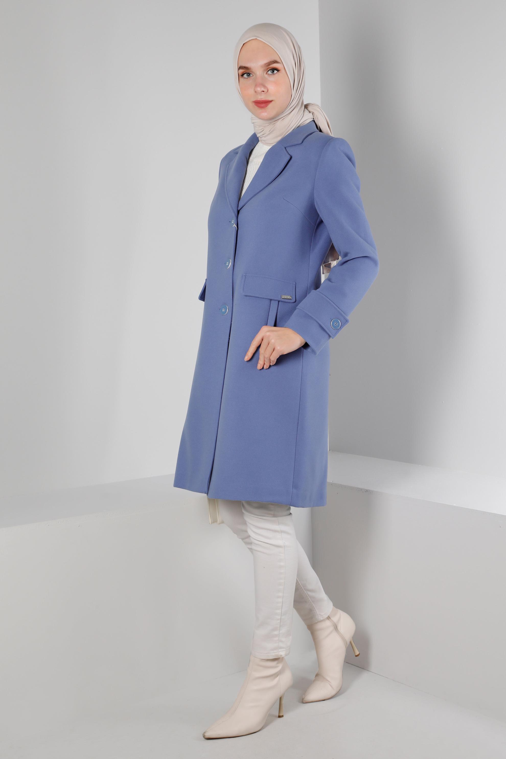 Tesettür giyim MAVİ KRUVAZE YAKA DÜĞMELİ KABAN 90355 