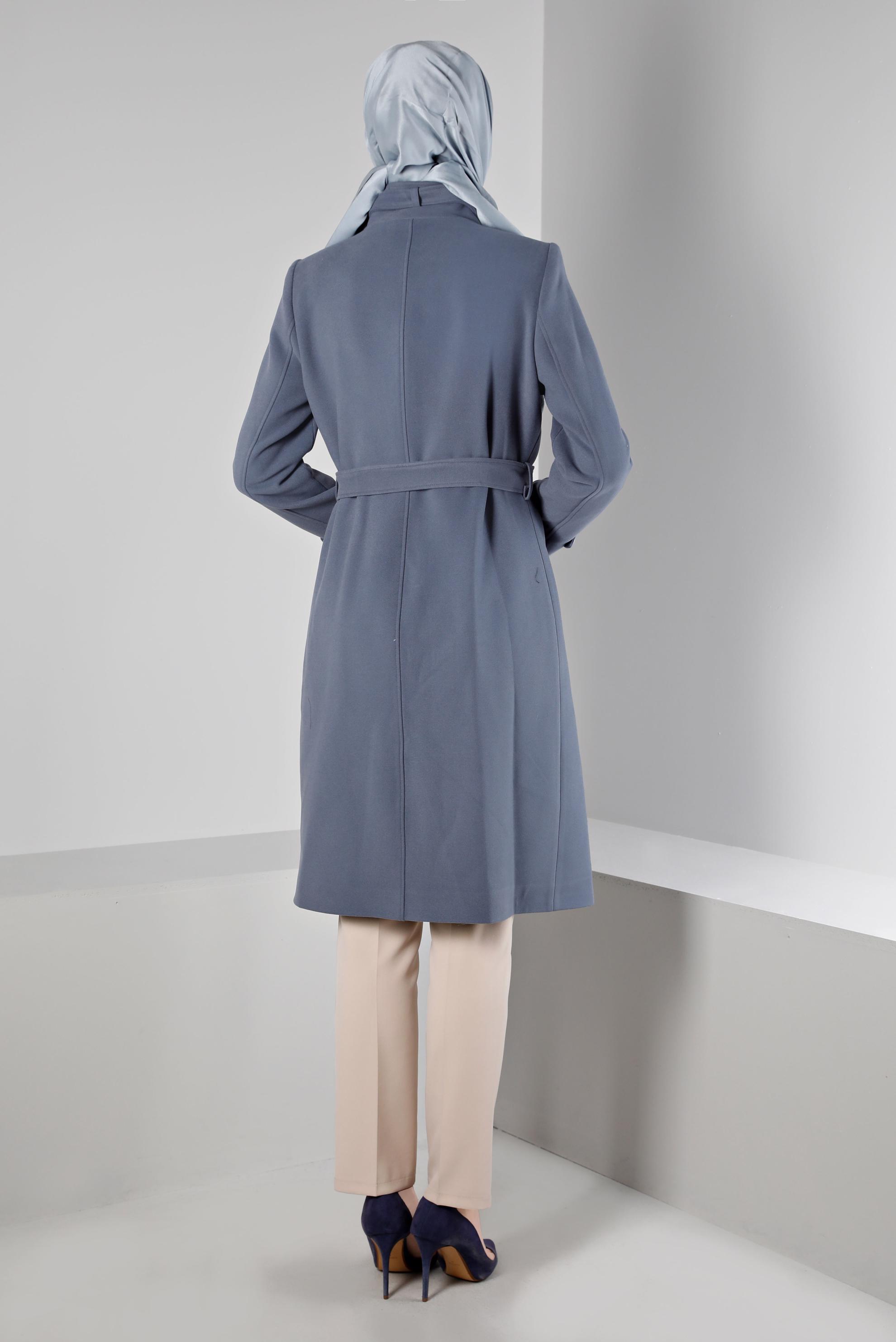 Tesettür giyim MAVİ YAKASI KEMER DETAYLI KABAN 90358 