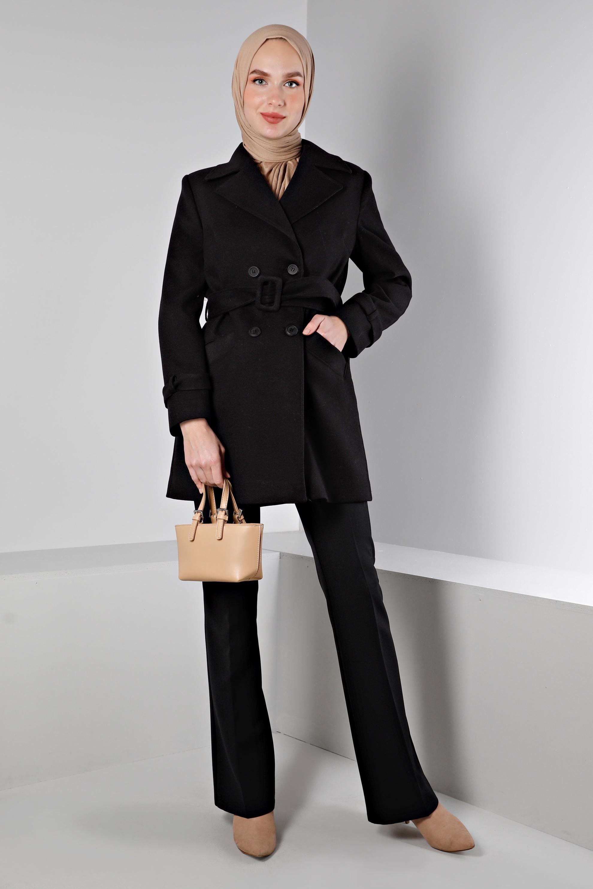 Tesettür giyim SİYAH KEMERLİ DÜĞMELİ KABAN 90359 