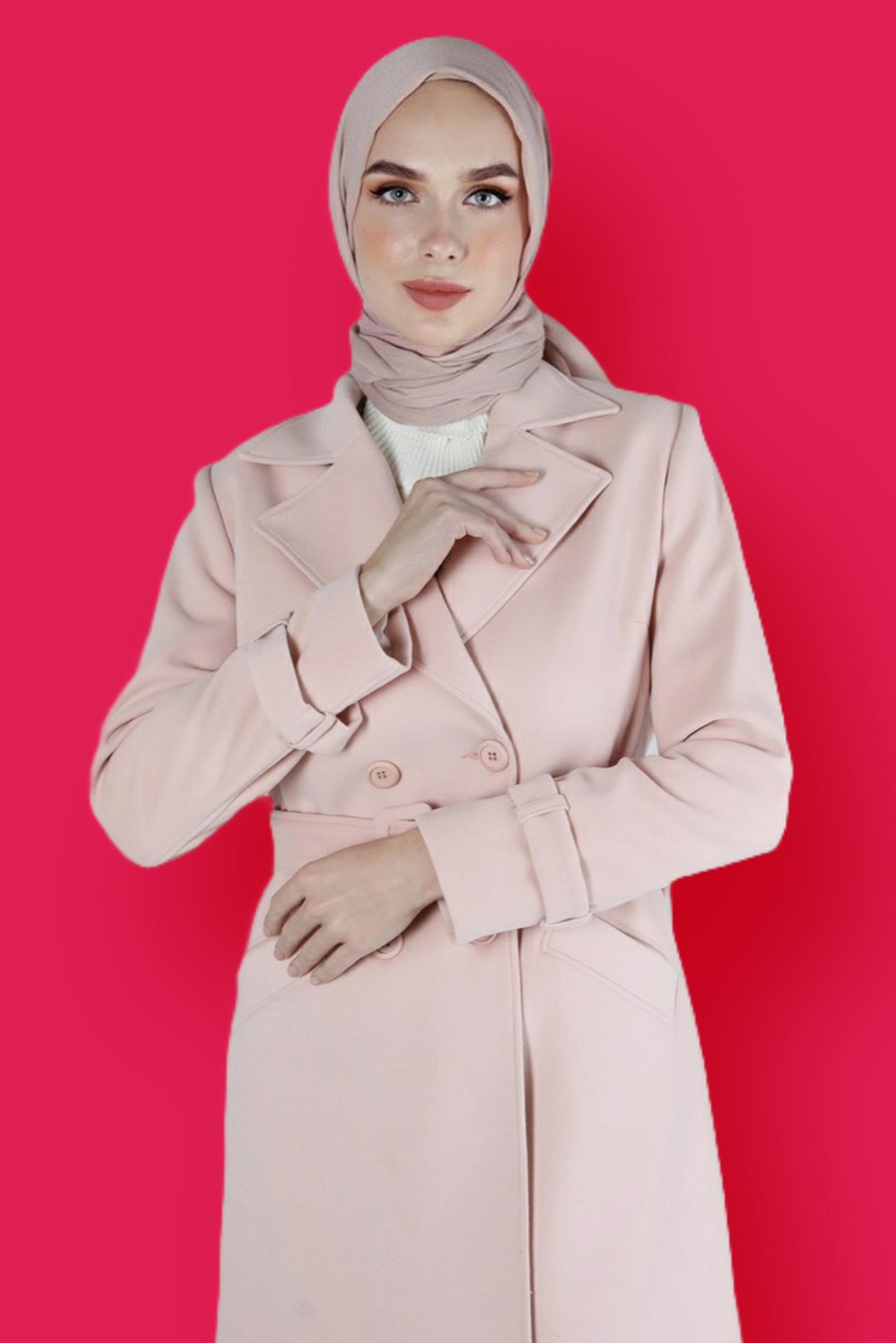 Hijab clothing POWDER BELTED BUTTONED COAT 90359 