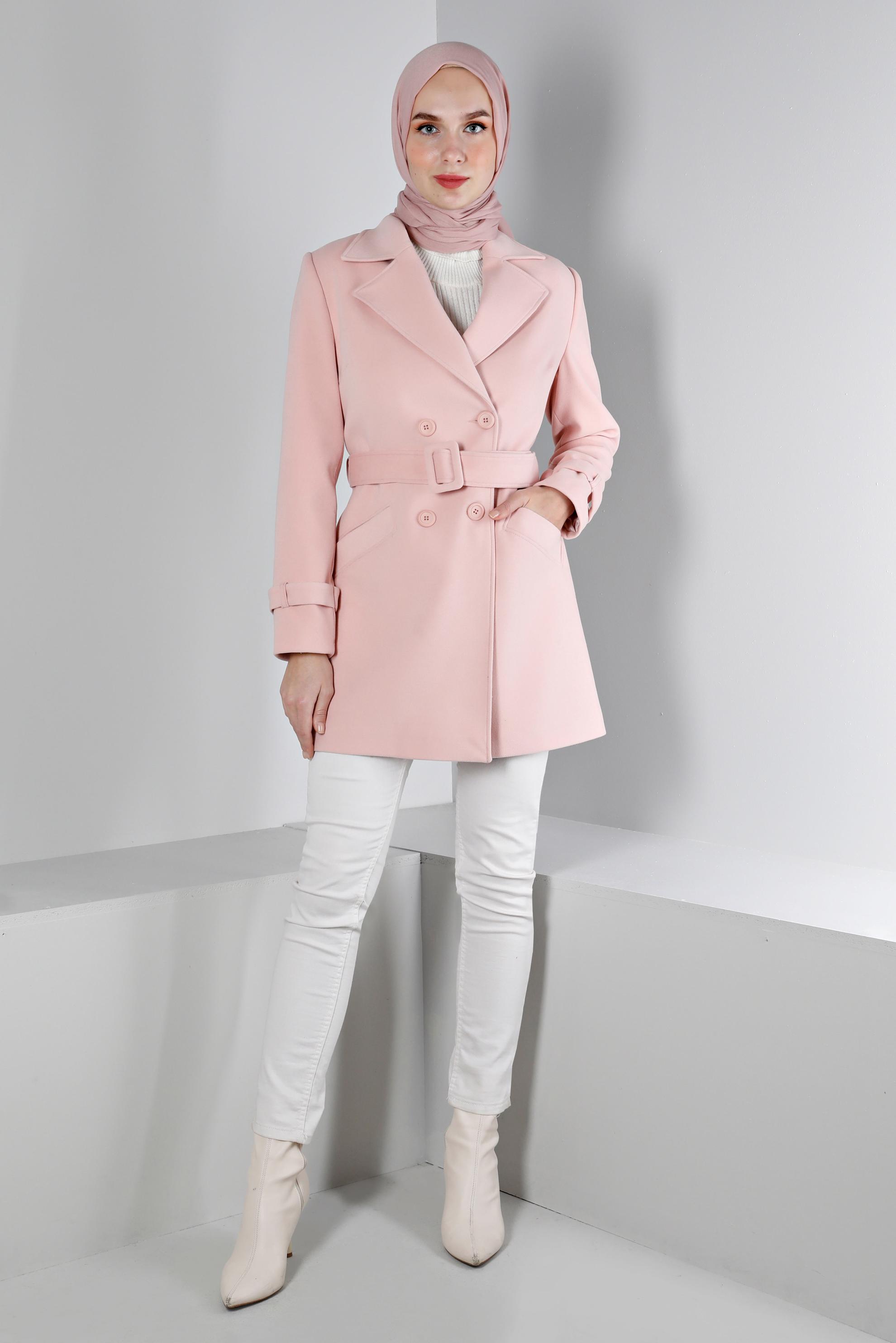 Hijab clothing POWDER BELTED BUTTONED COAT 90359 