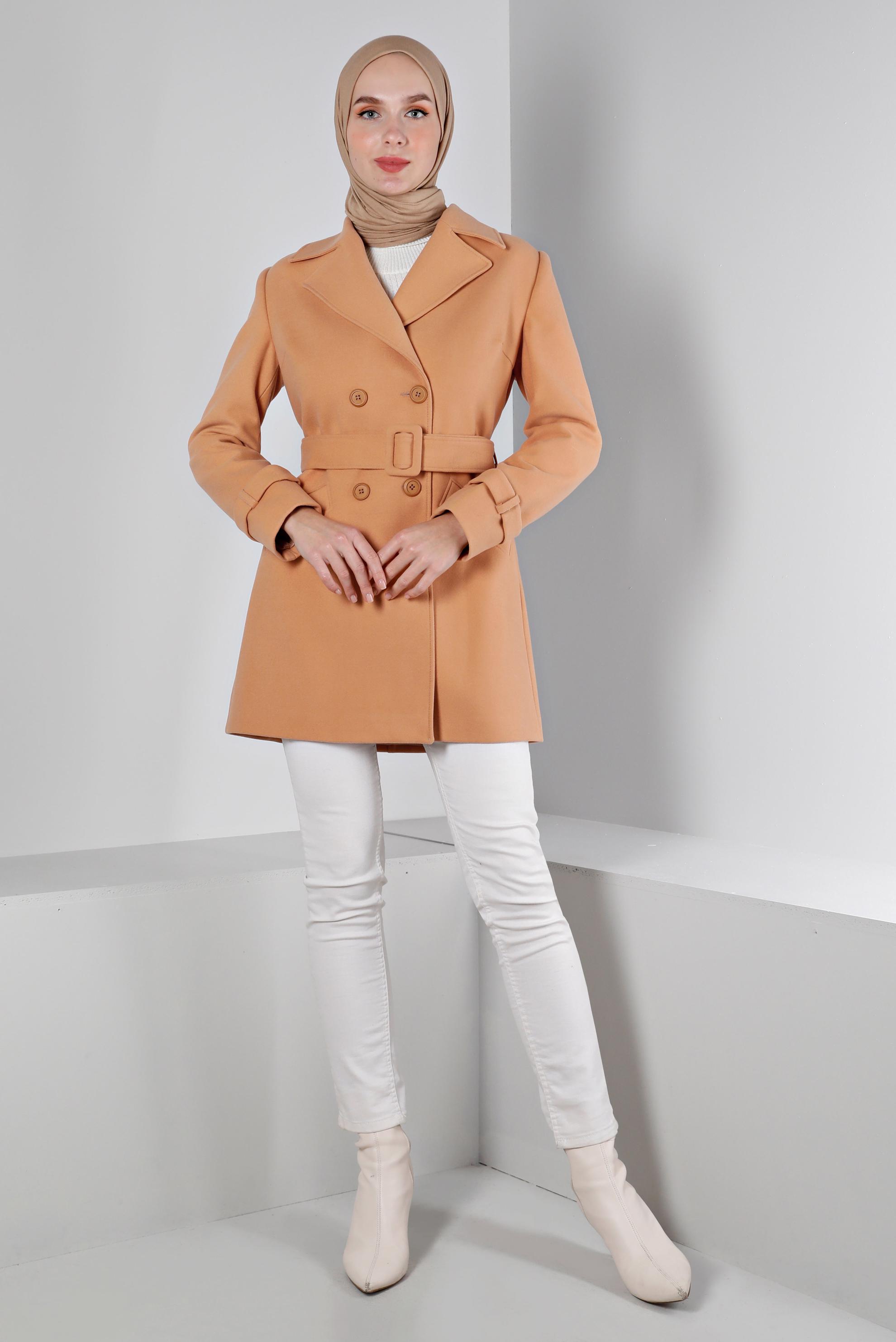 Hijab clothing BROWN BELTED BUTTONED COAT 90359 