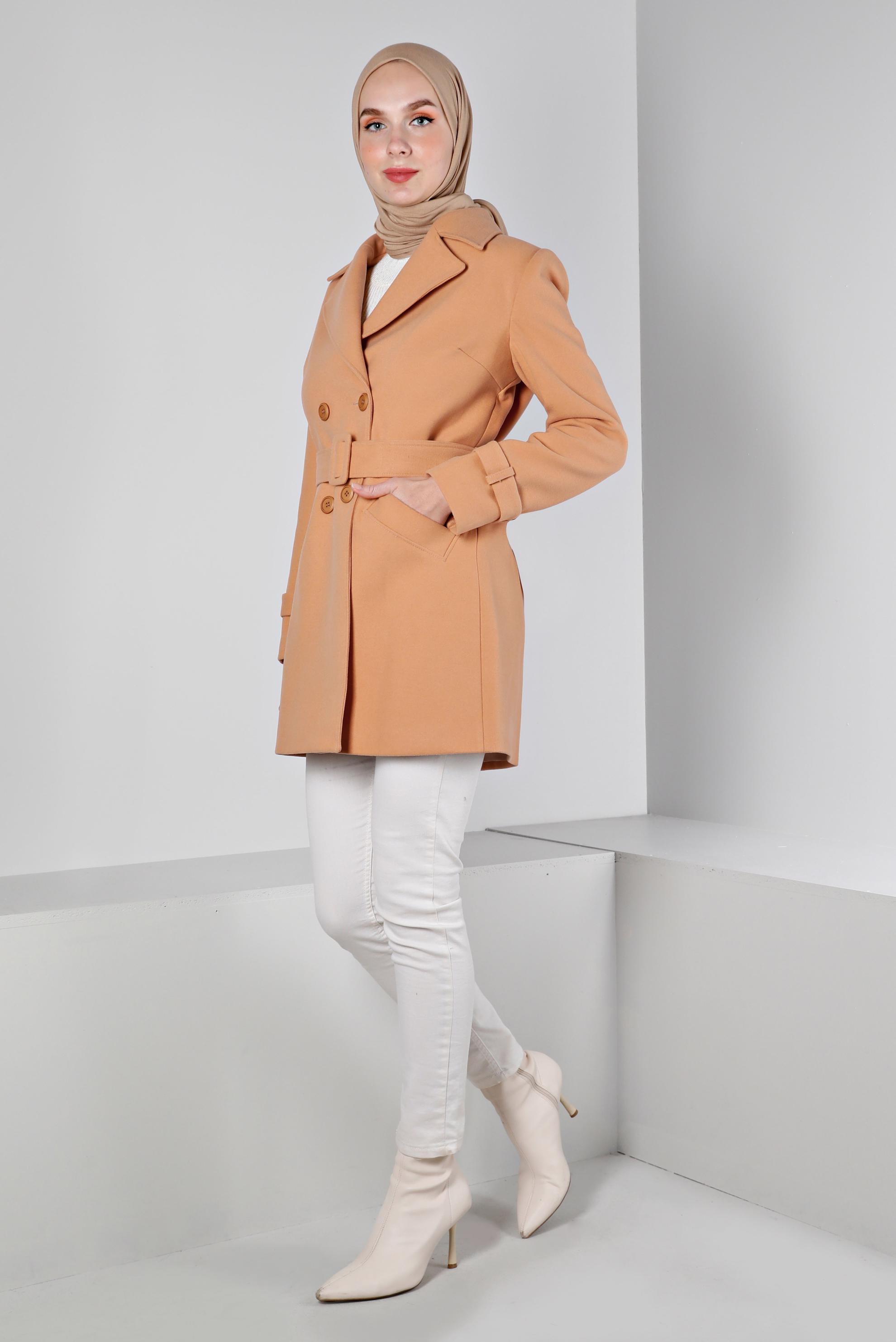 Hijab clothing BROWN BELTED BUTTONED COAT 90359 