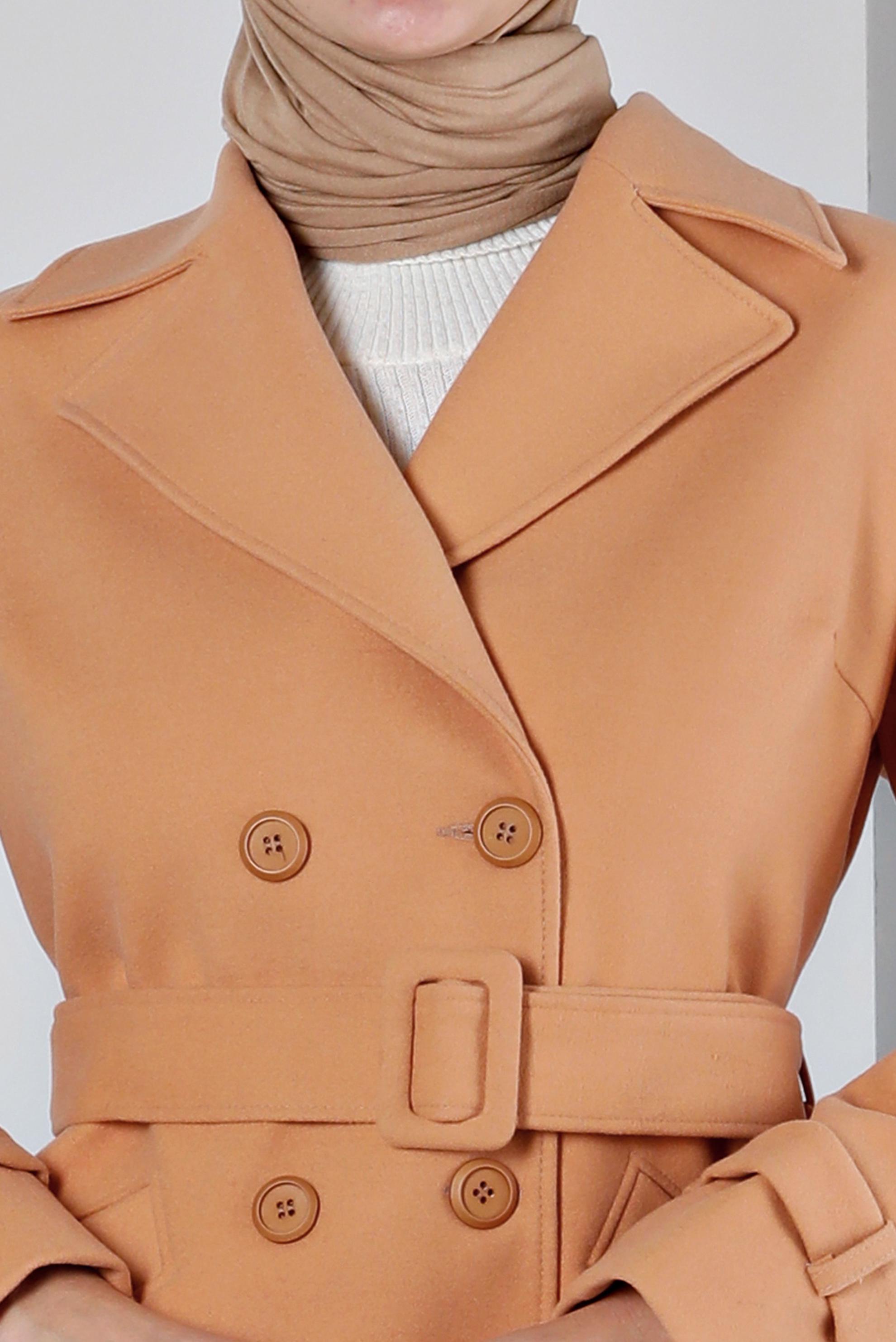 Hijab clothing BROWN BELTED BUTTONED COAT 90359 